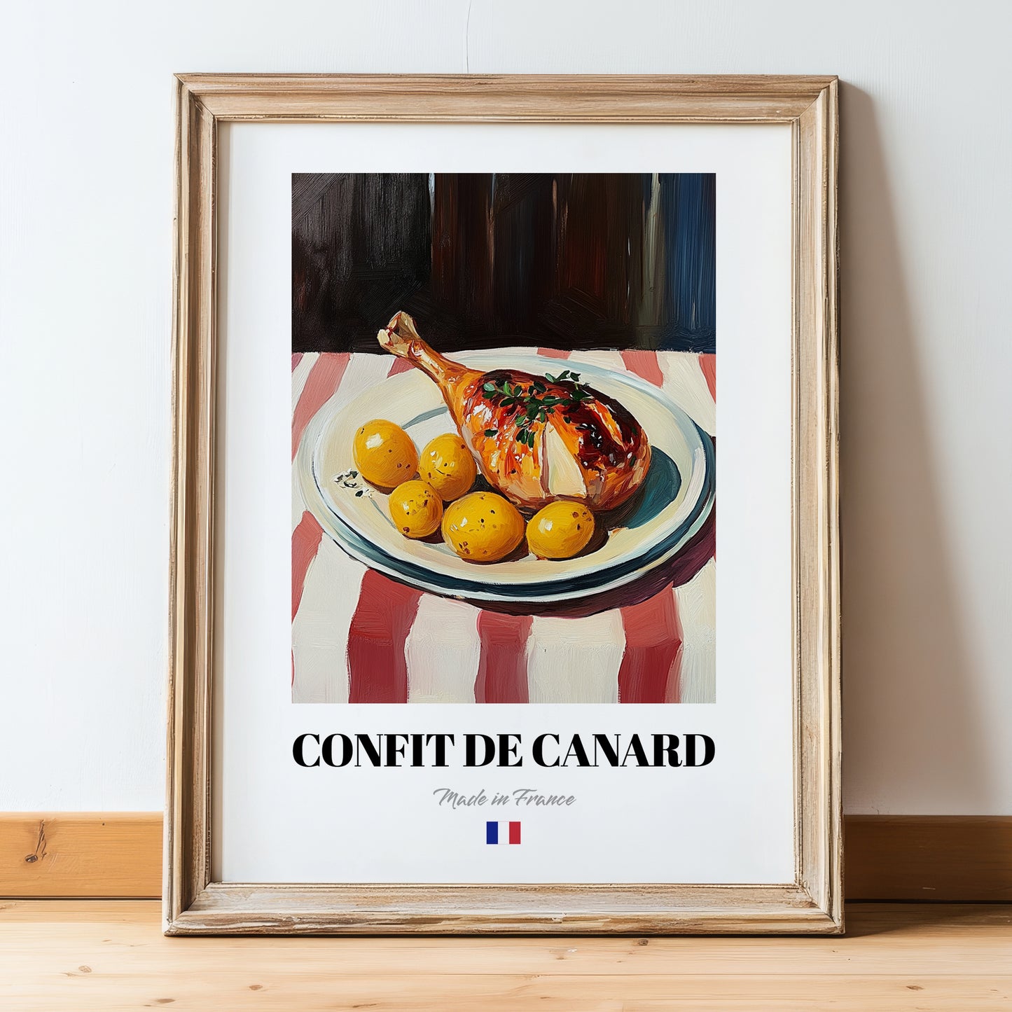 Confit de Canard – Art, French Food Poster, in wooden frame leaning on the floor