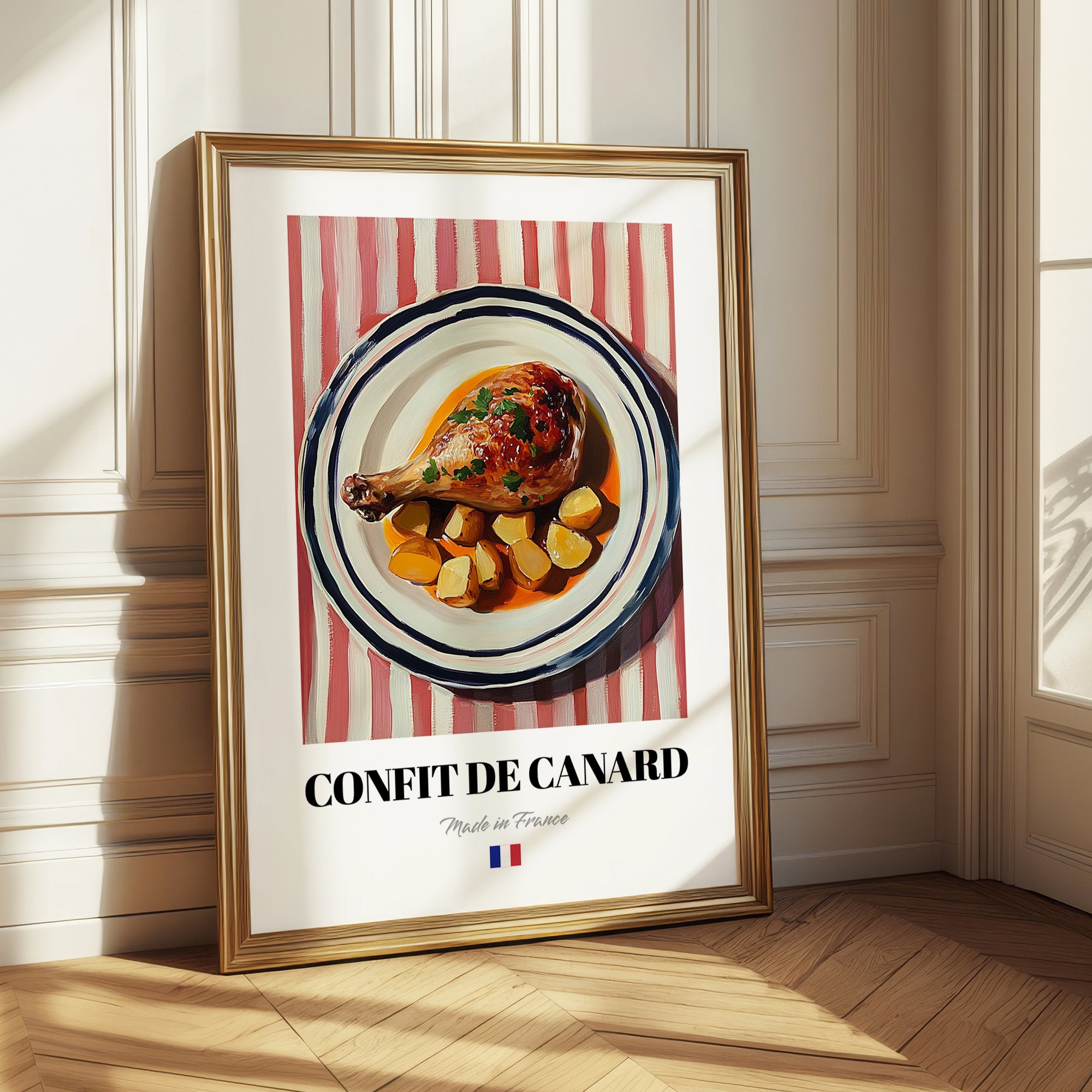 Confit de Canard – on Striped Tablecloth, French Food Illustration