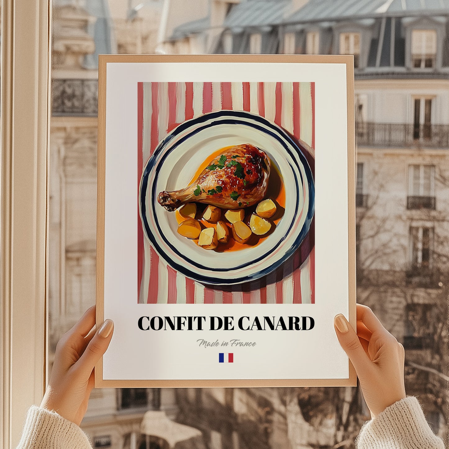 Confit de Canard – on Striped Tablecloth, French Food Illustration, styled in a charming Paris street view