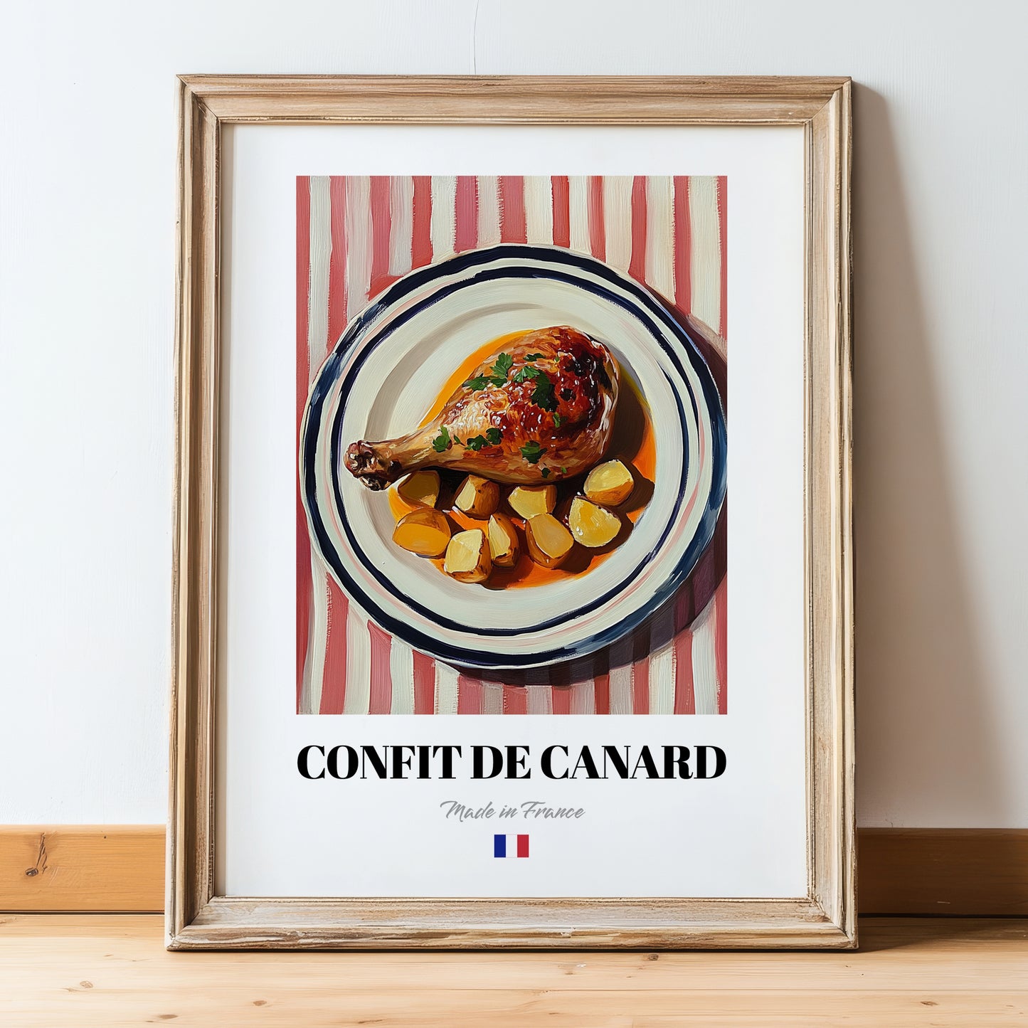 Confit de Canard – on Striped Tablecloth, French Food Illustration, in wooden frame leaning on the floor