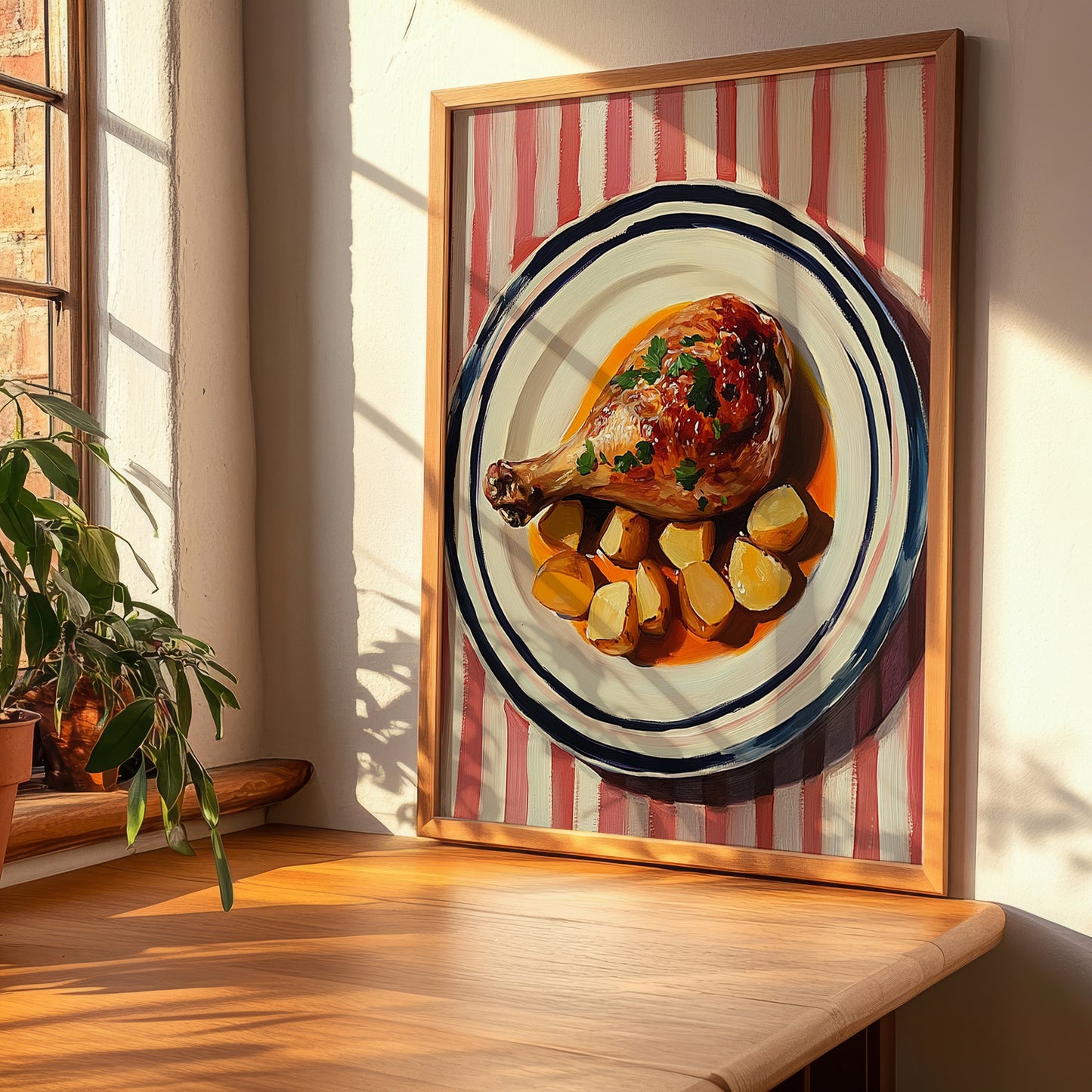 Confit de Canard – on Striped Tablecloth, French Food Illustration, clean layout with no caption