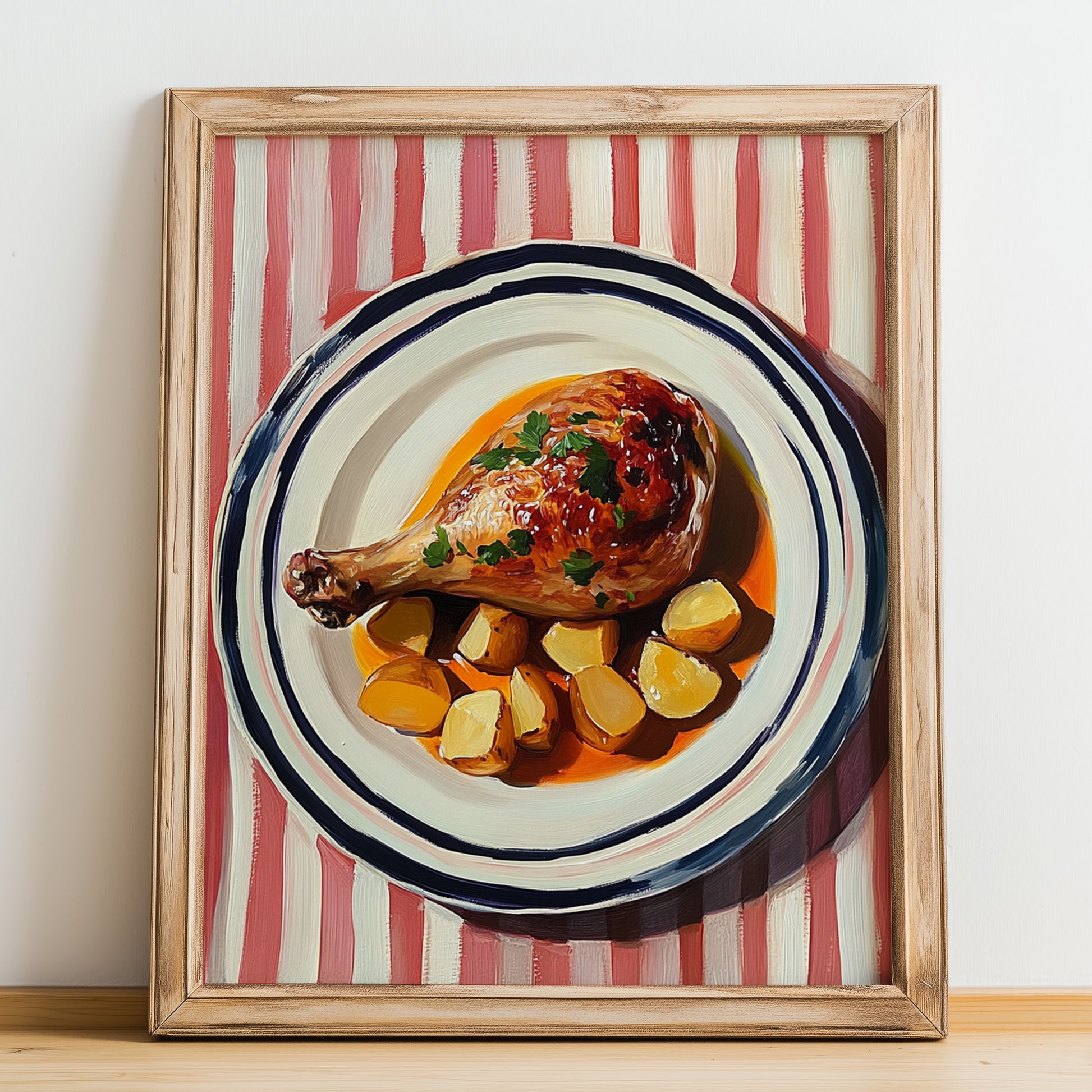 Confit de Canard – on Striped Tablecloth, French Food Illustration, no-text version framed in wood