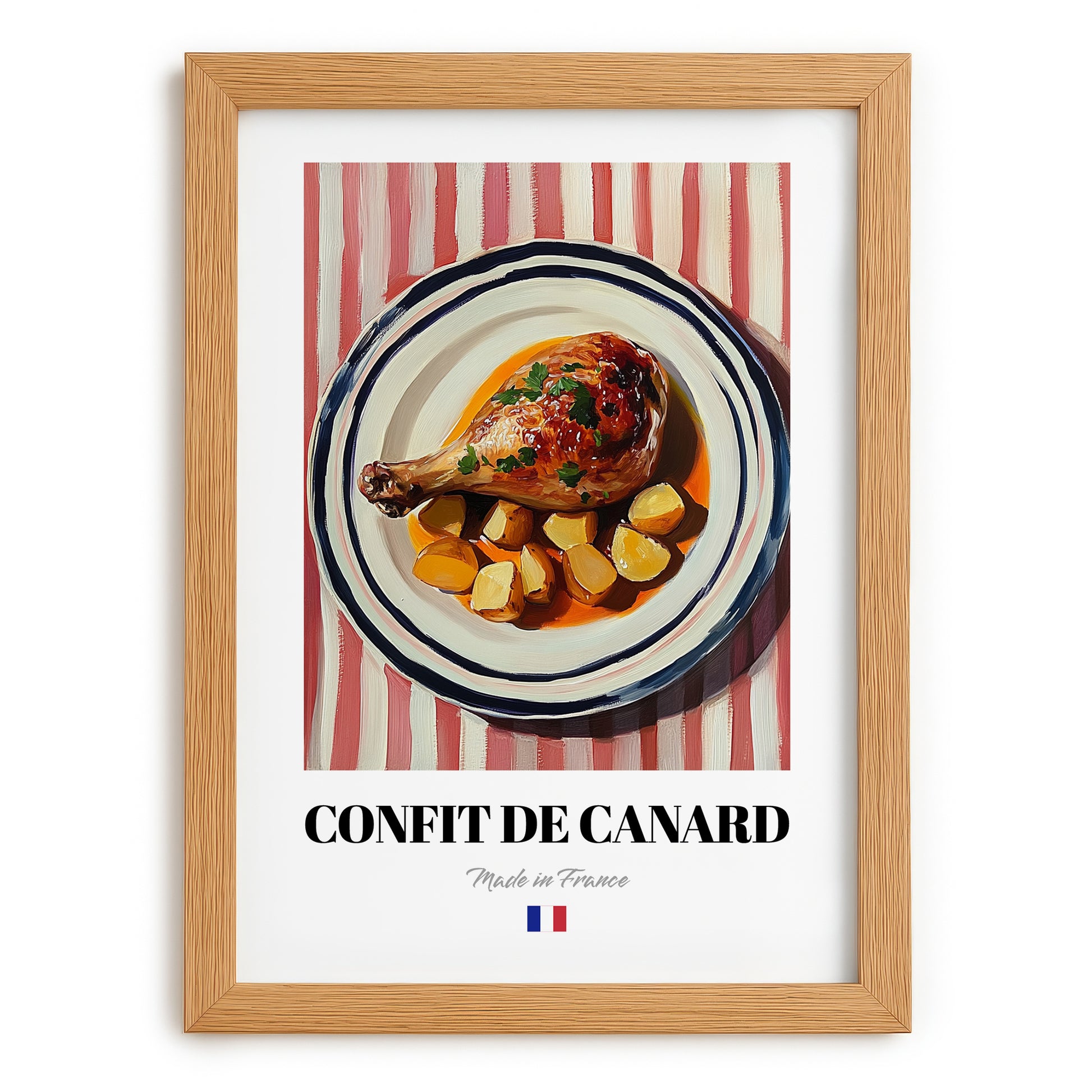 Confit de Canard – on Striped Tablecloth, French Food Illustration, set in oak frame