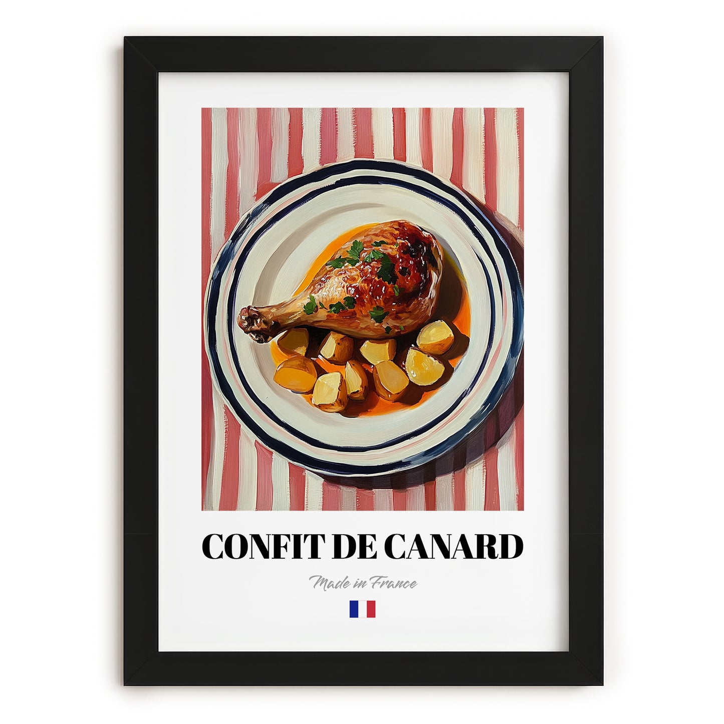 Confit de Canard – on Striped Tablecloth, French Food Illustration, in sleek black frame