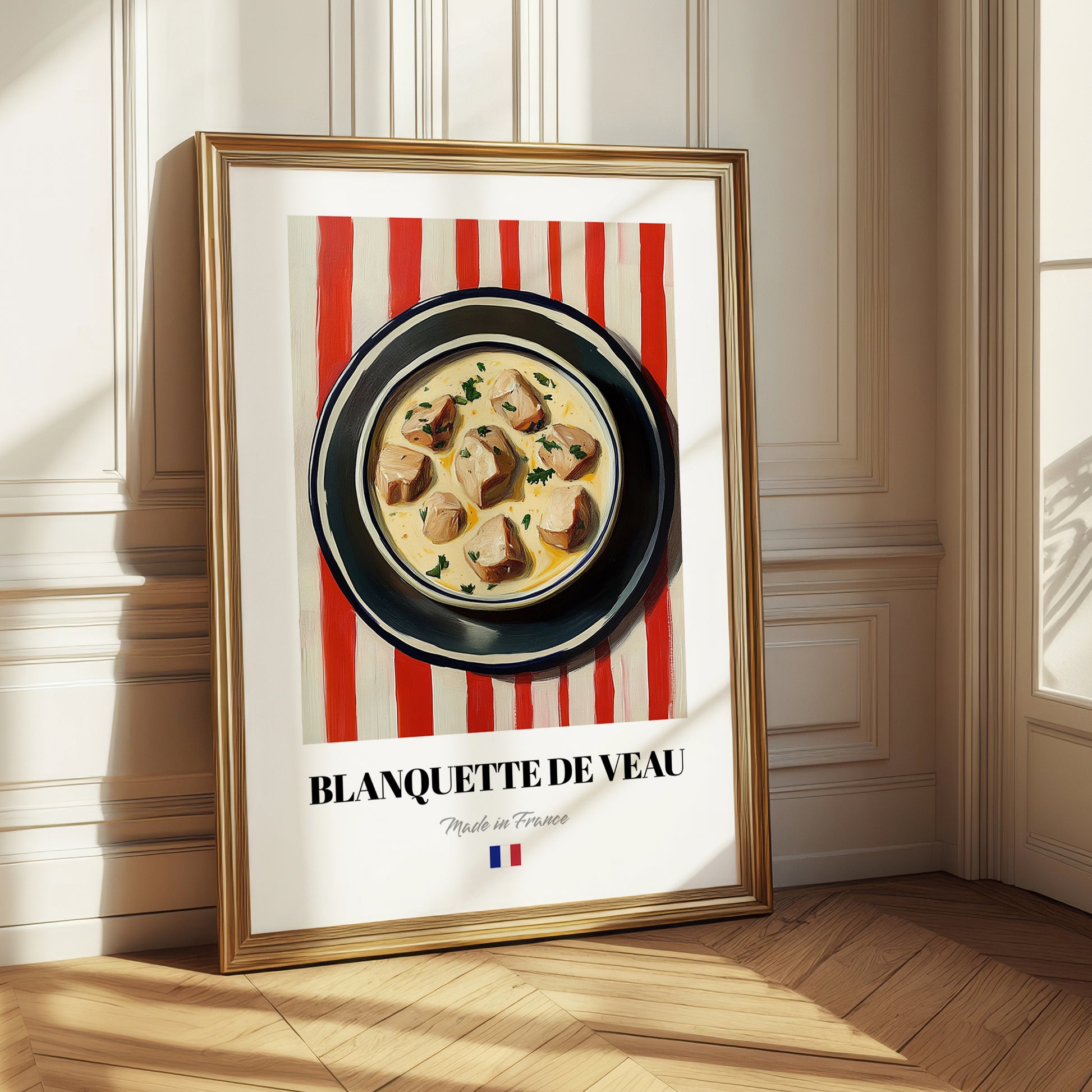 Blanquette de Veau – on Striped Tablecloth, French Food Illustration