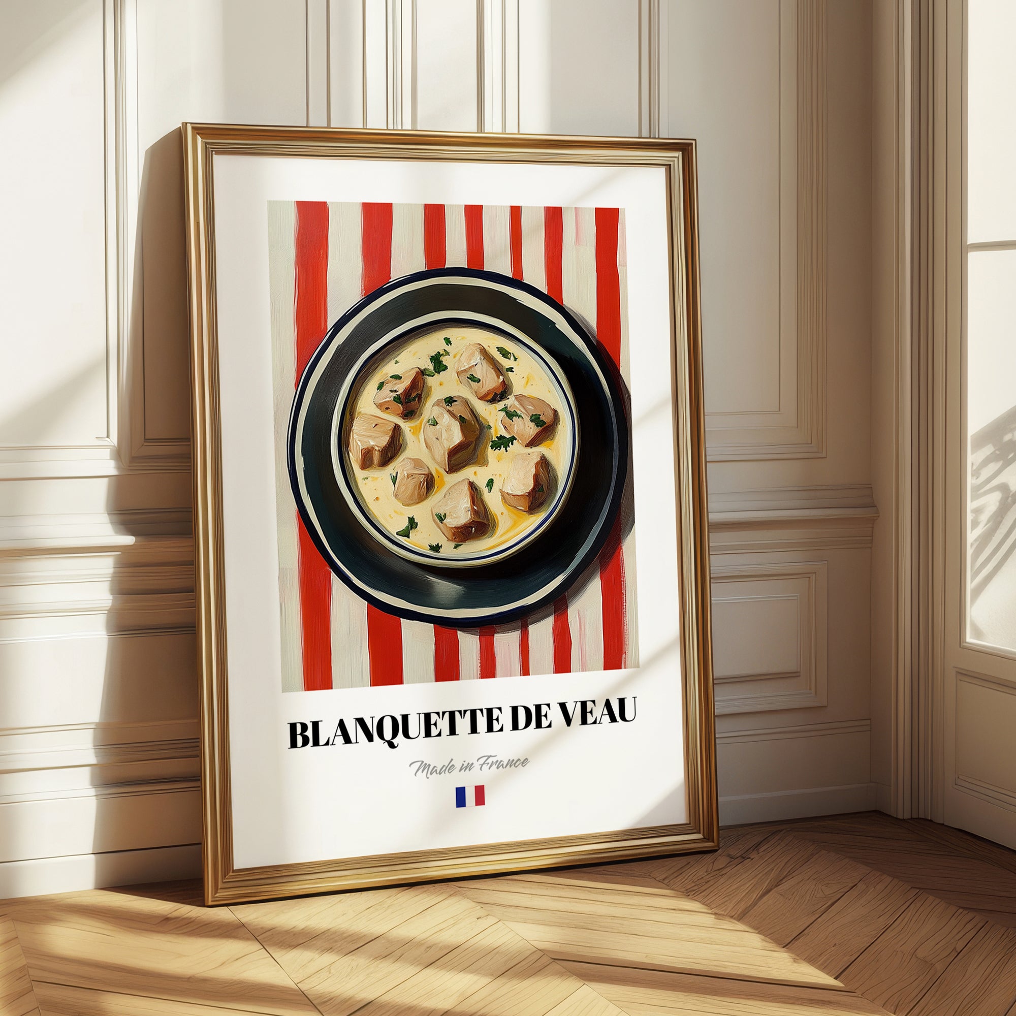 Blanquette de Veau – on Striped Tablecloth, French Food Illustration