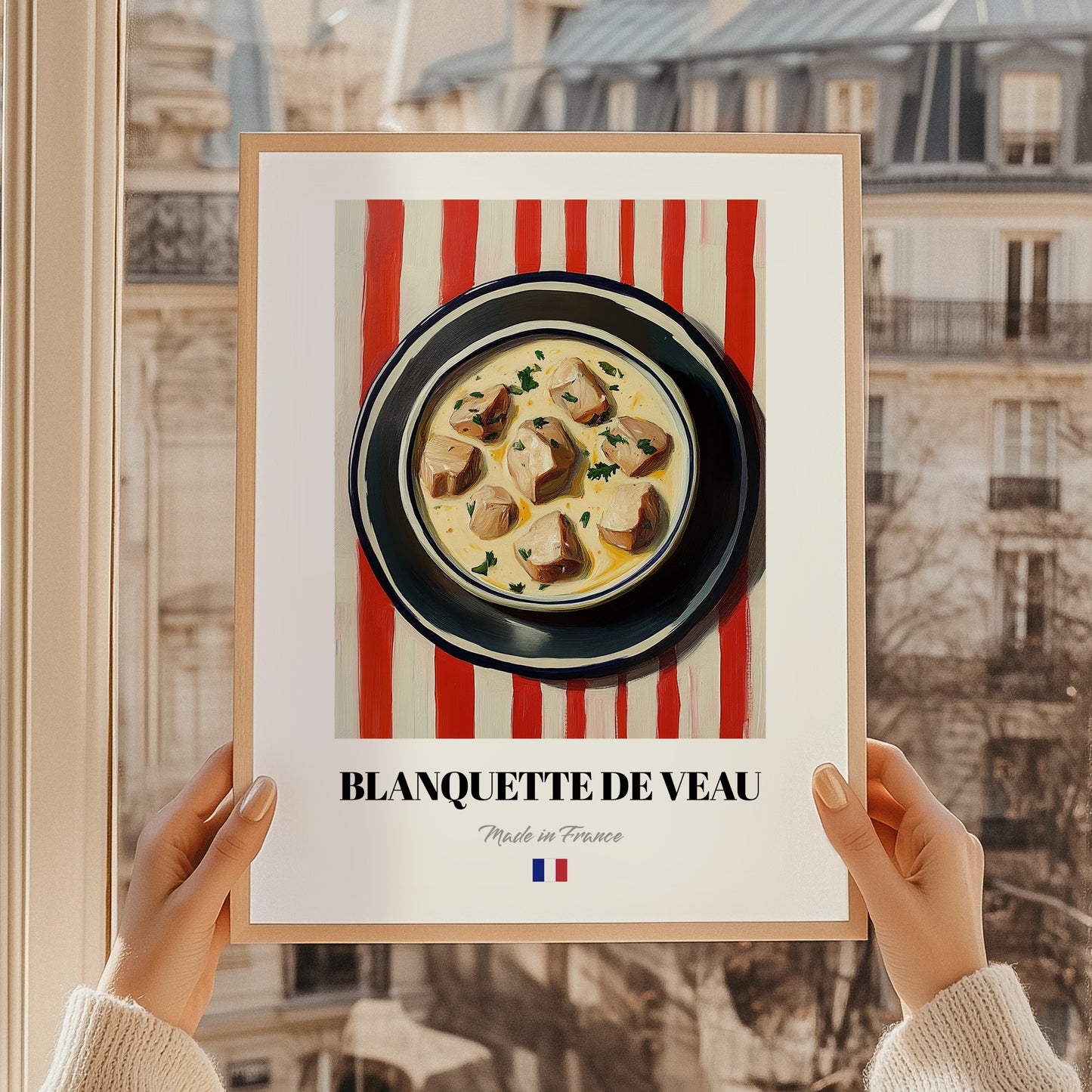 Blanquette de Veau – on Striped Tablecloth, French Food Illustration, styled in a charming Paris street view