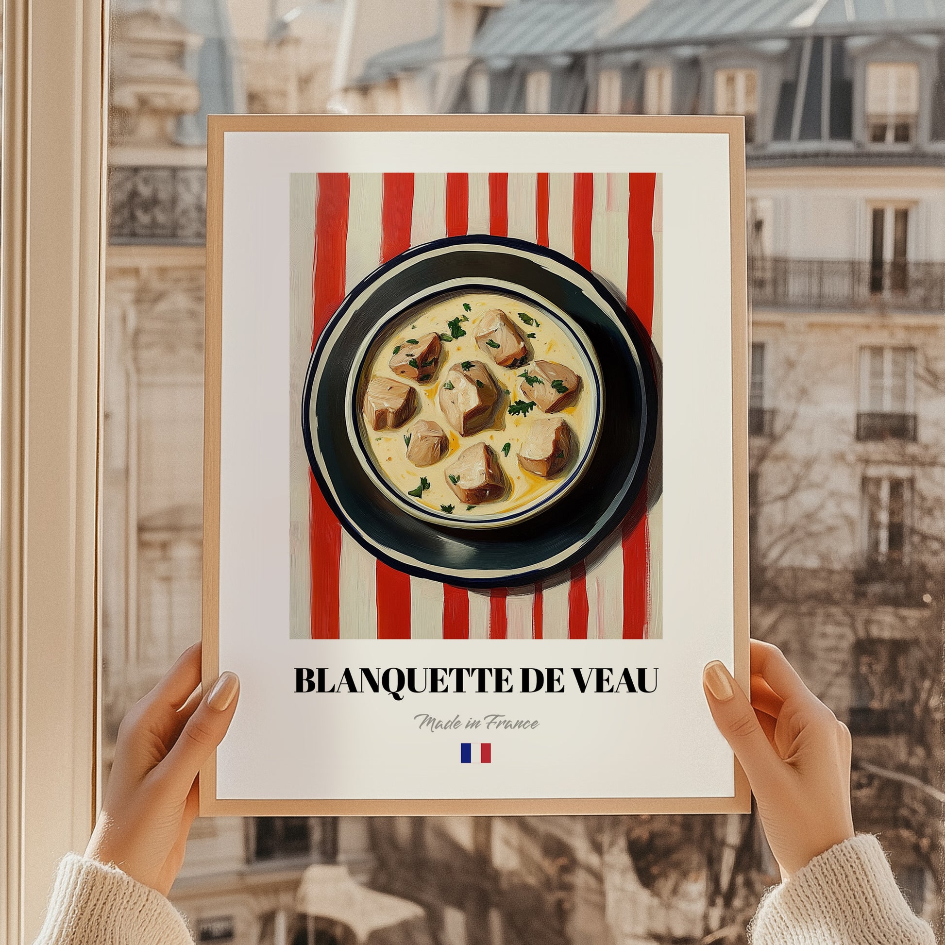 Blanquette de Veau – on Striped Tablecloth, French Food Illustration, styled in a charming Paris street view