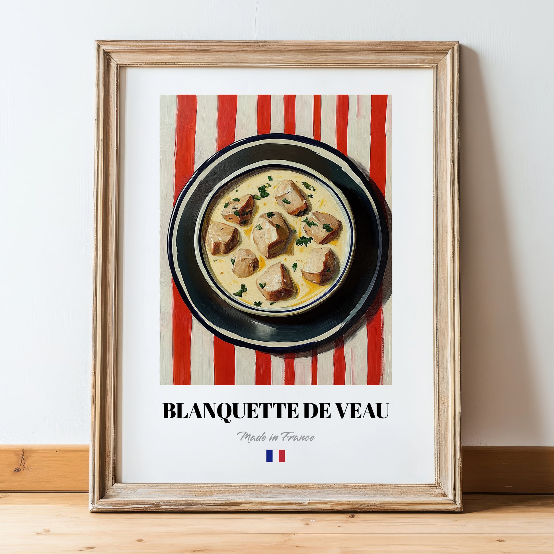 Blanquette de Veau – on Striped Tablecloth, French Food Illustration, in wooden frame leaning on the floor