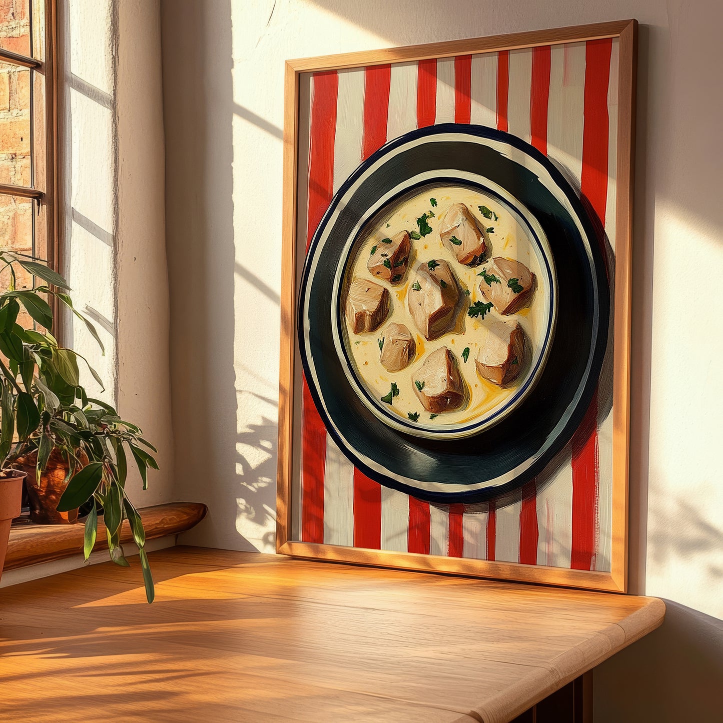 Blanquette de Veau – on Striped Tablecloth, French Food Illustration, clean layout with no caption