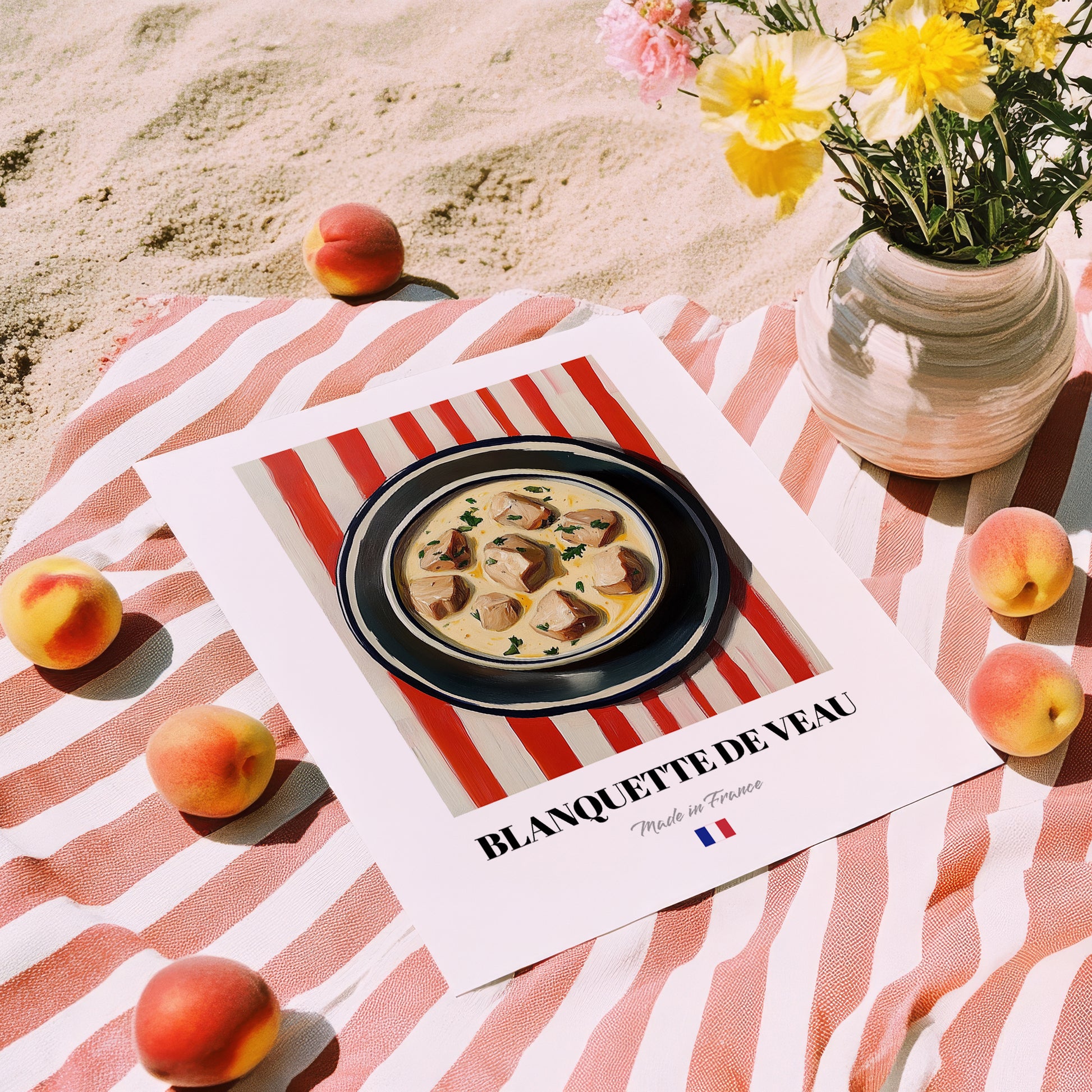 Blanquette de Veau – on Striped Tablecloth, French Food Illustration, unframed on coastal sand