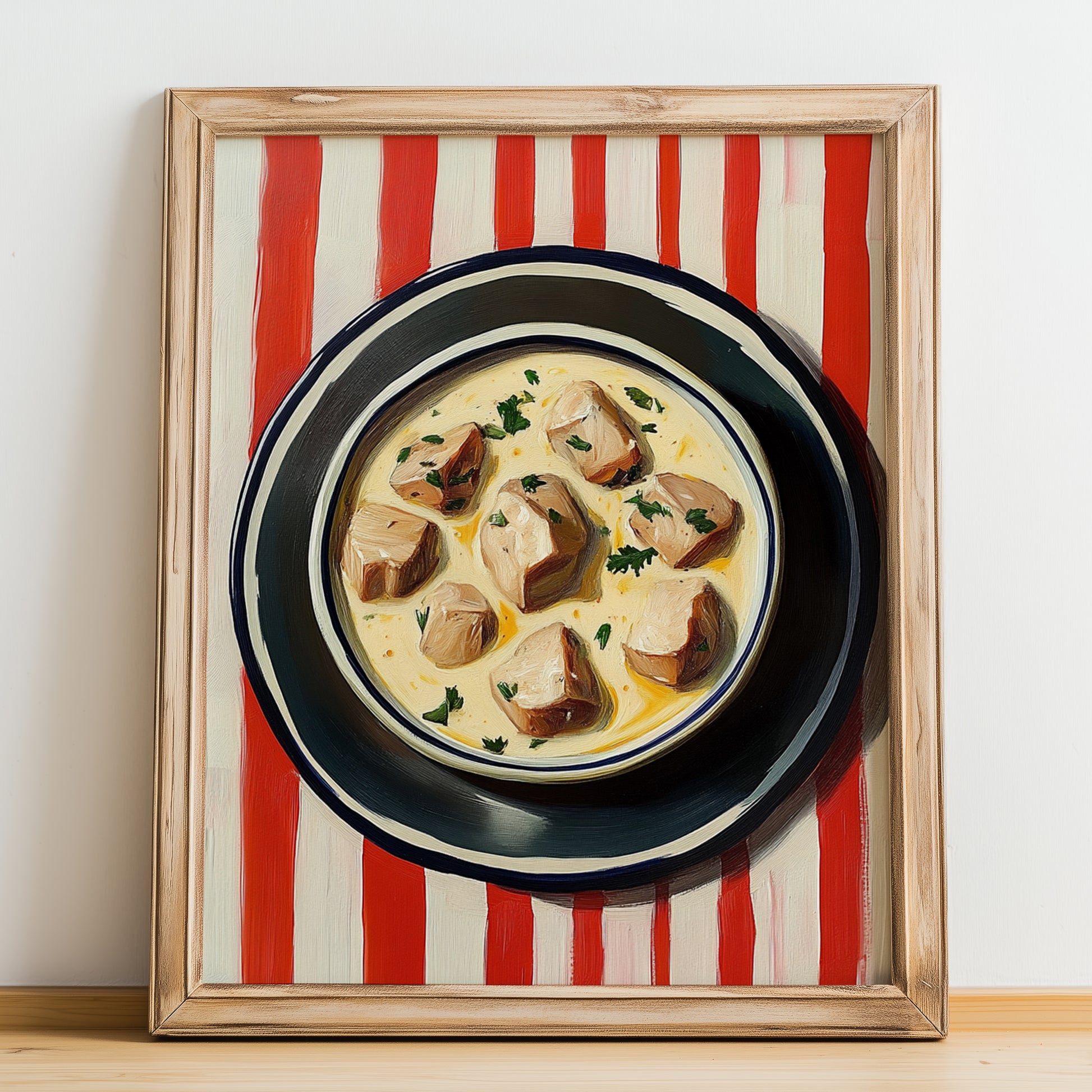 Blanquette de Veau – on Striped Tablecloth, French Food Illustration, no-text version framed in wood
