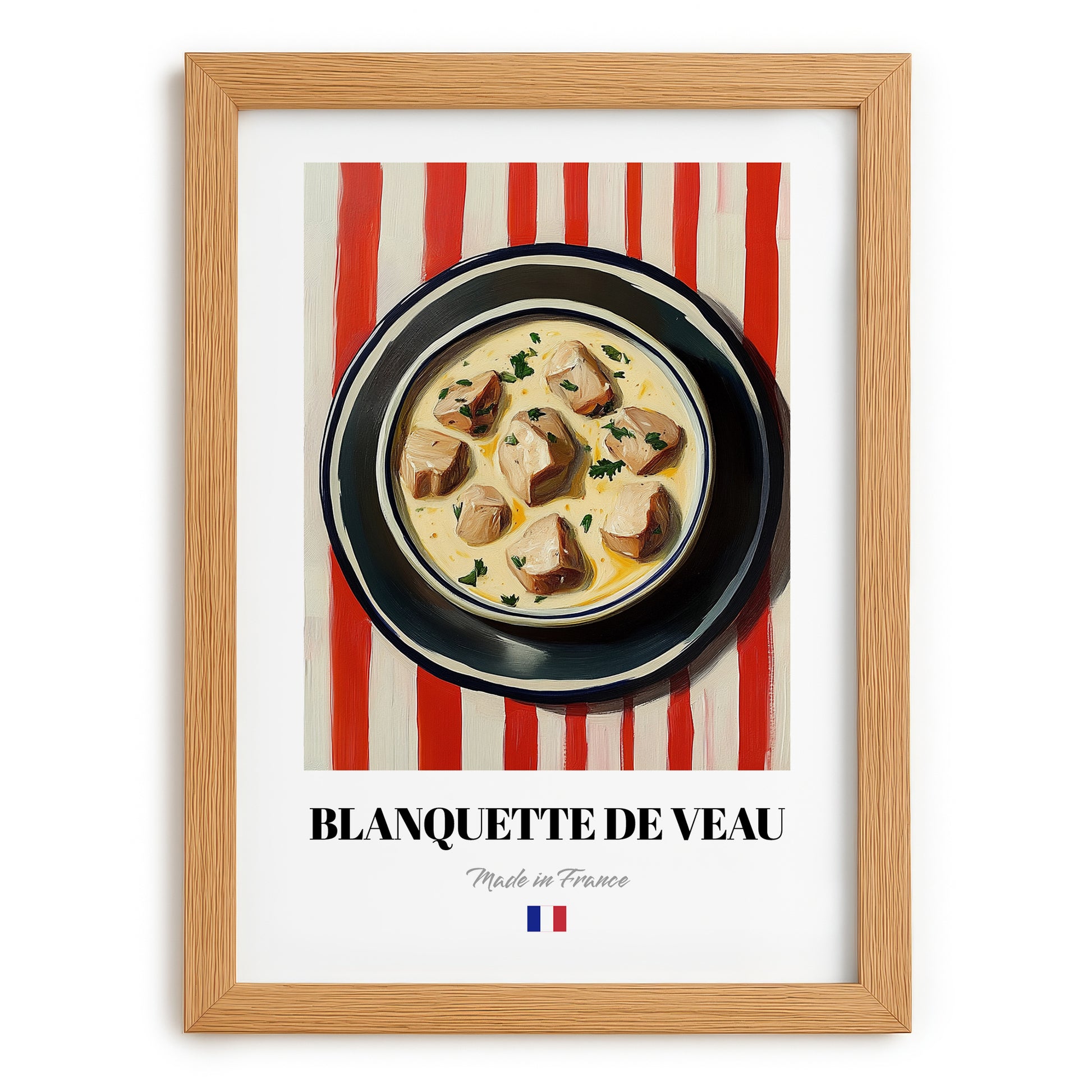 Blanquette de Veau – on Striped Tablecloth, French Food Illustration, set in oak frame