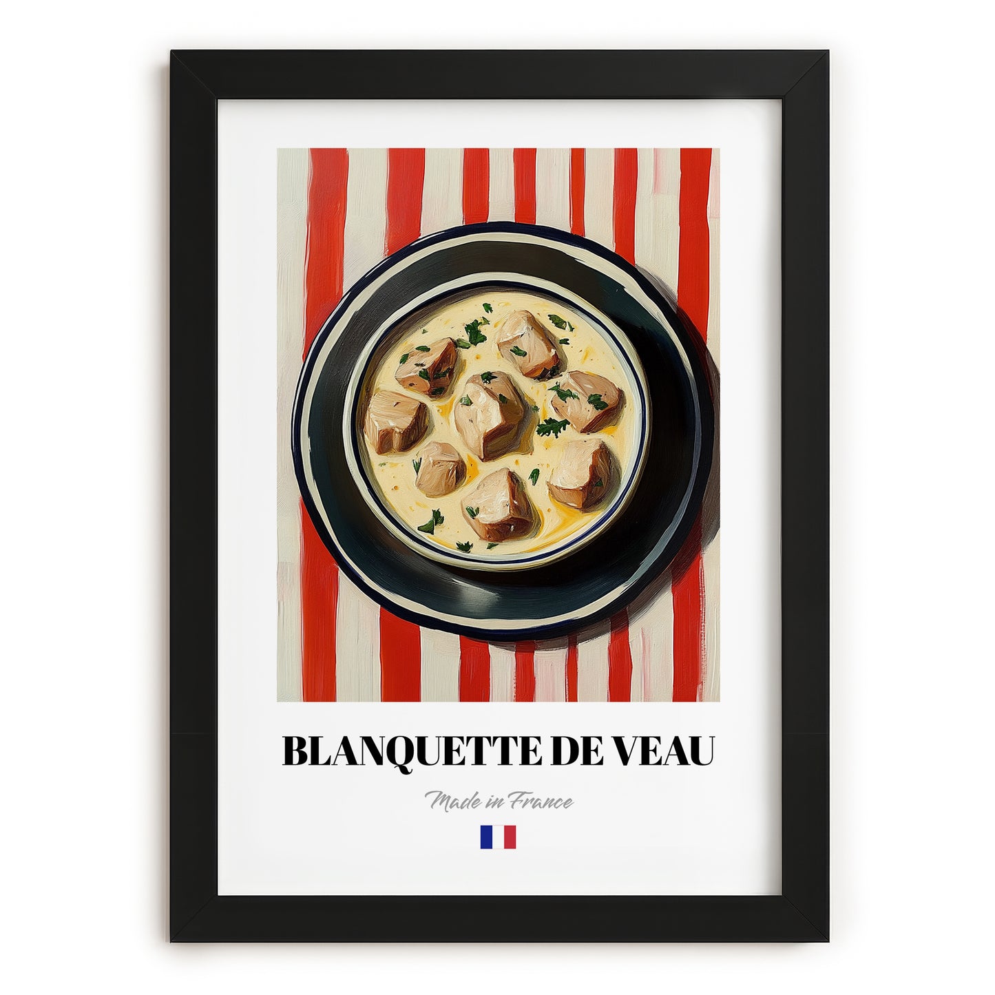 Blanquette de Veau – on Striped Tablecloth, French Food Illustration, in sleek black frame