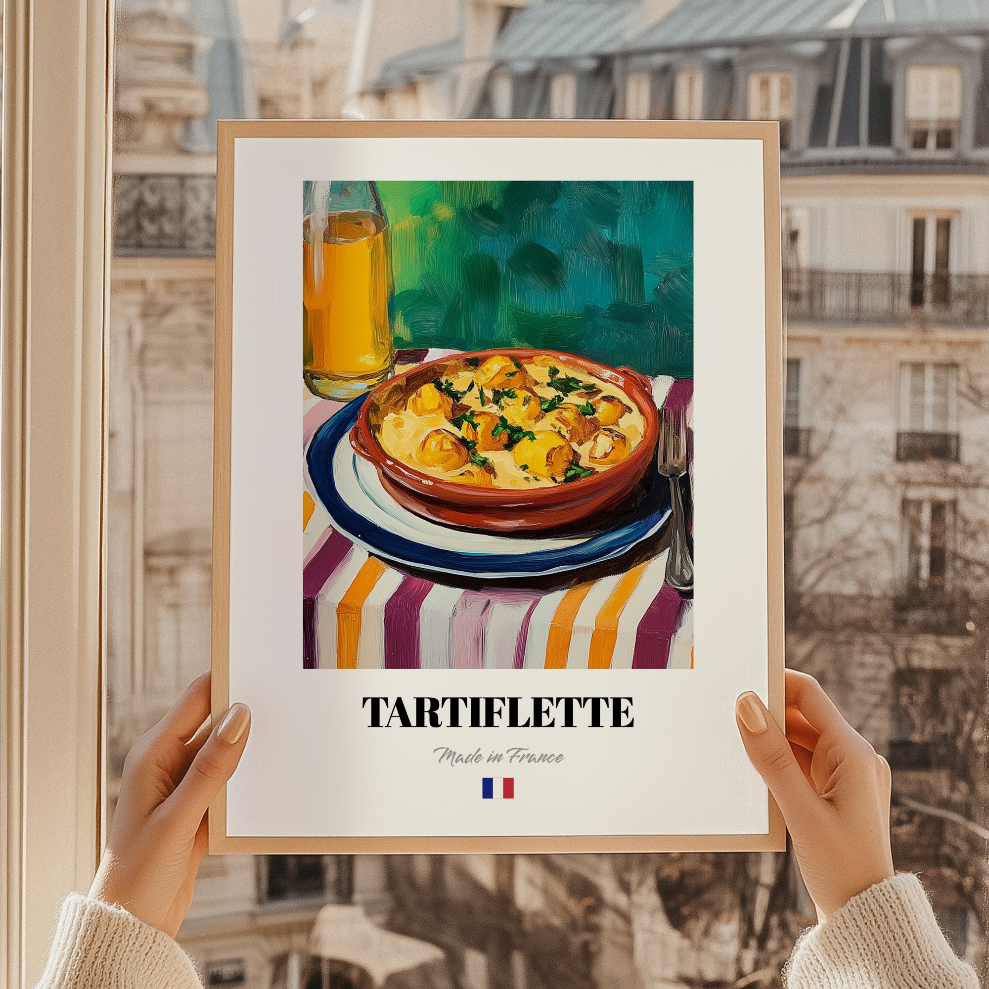 Tartiflette – Art, French Food Still Life, styled in a charming Paris street view