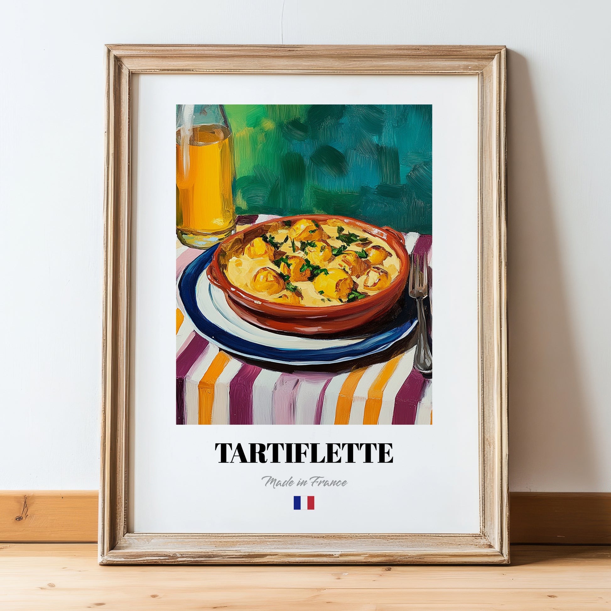 Tartiflette – Art, French Food Still Life, in wooden frame leaning on the floor
