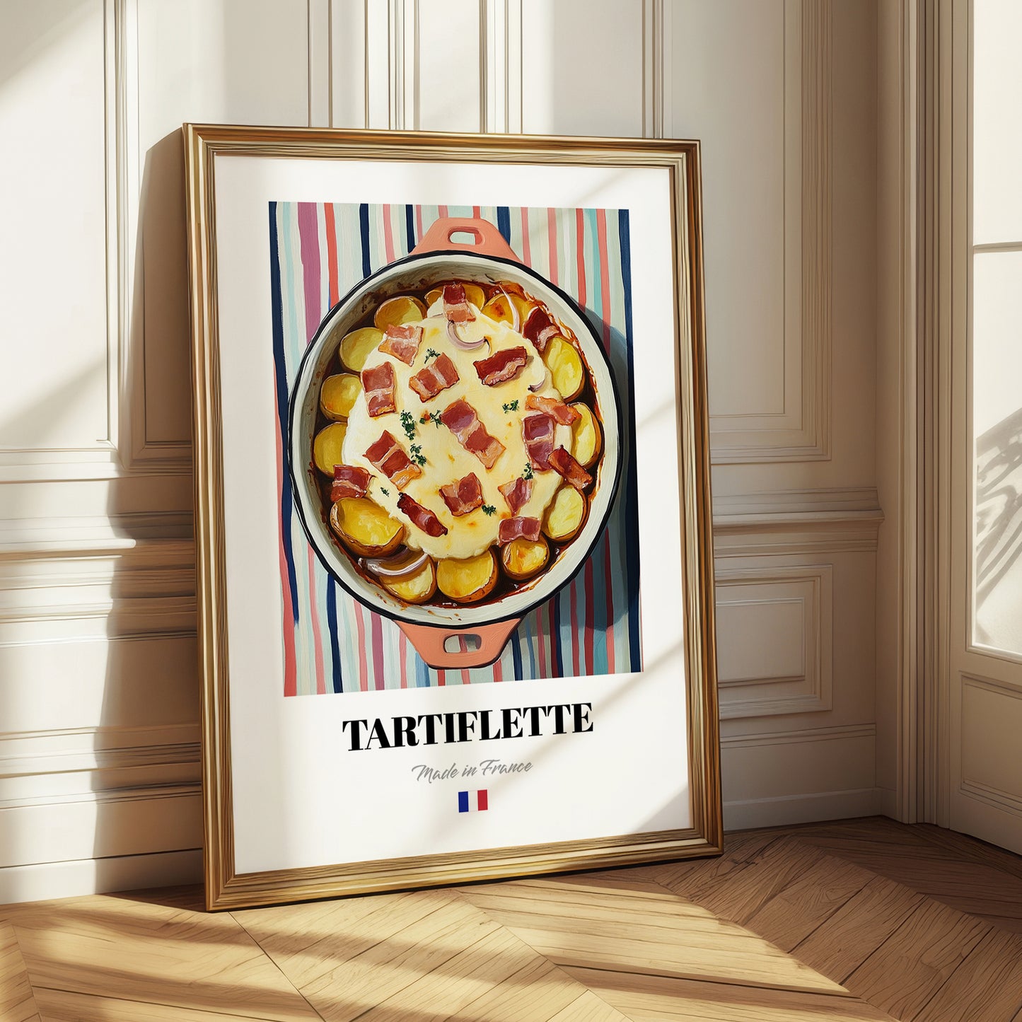 Tartiflette – on Striped Tablecloth, French Food Wall Decor