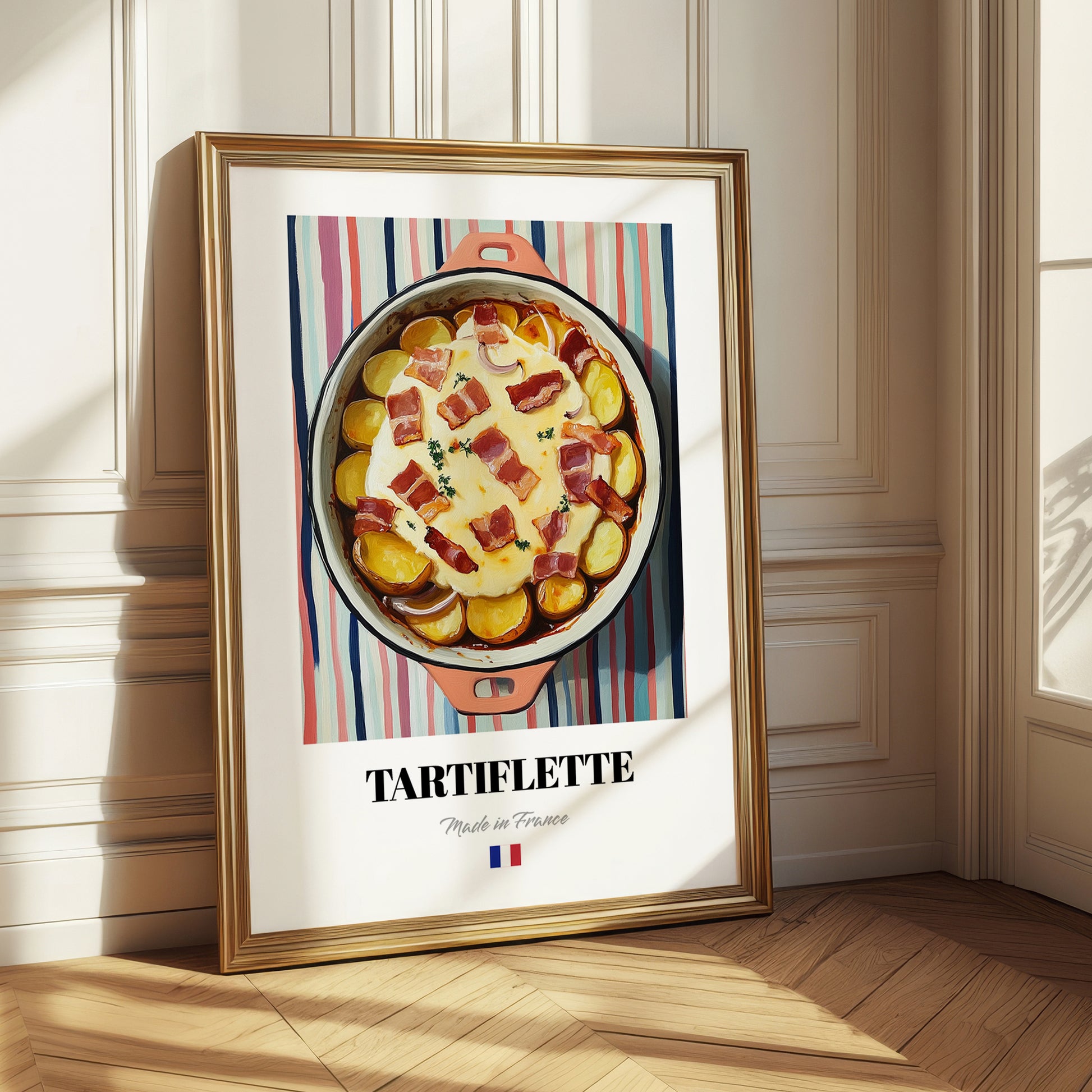 Tartiflette – on Striped Tablecloth, French Food Wall Decor