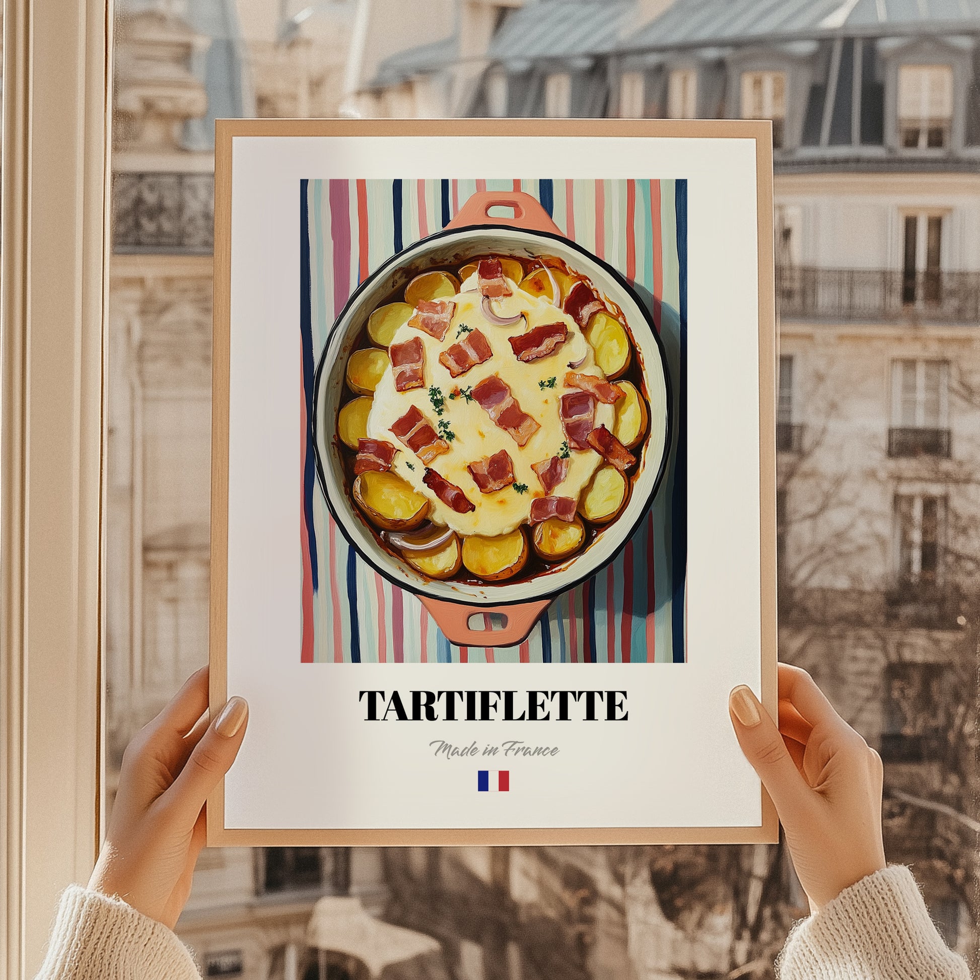 Tartiflette – on Striped Tablecloth, French Food Wall Decor, styled in a charming Paris street view