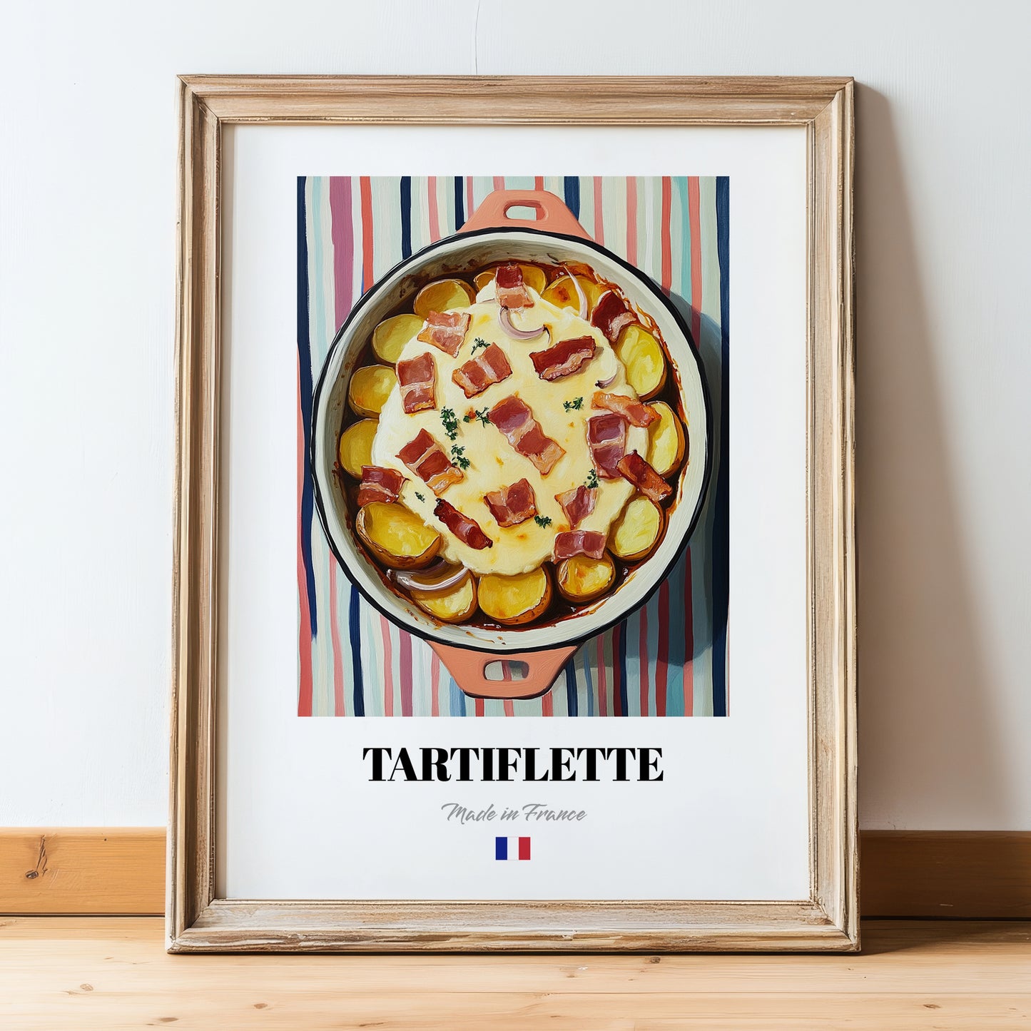 Tartiflette – on Striped Tablecloth, French Food Wall Decor, in wooden frame leaning on the floor