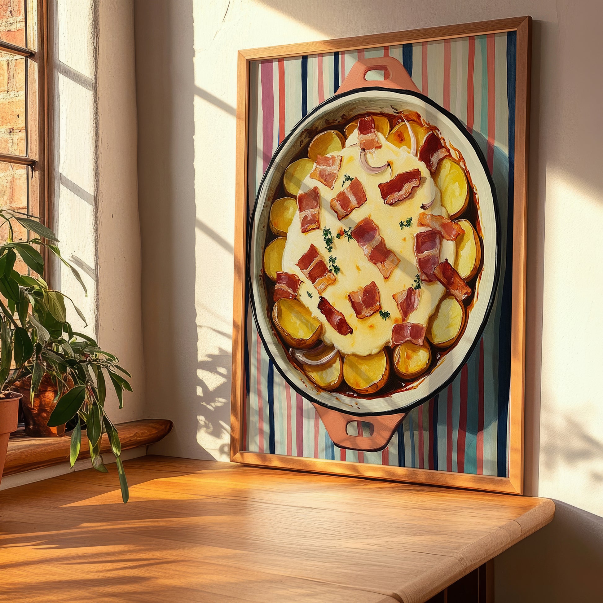 Tartiflette – on Striped Tablecloth, French Food Wall Decor, clean layout with no caption