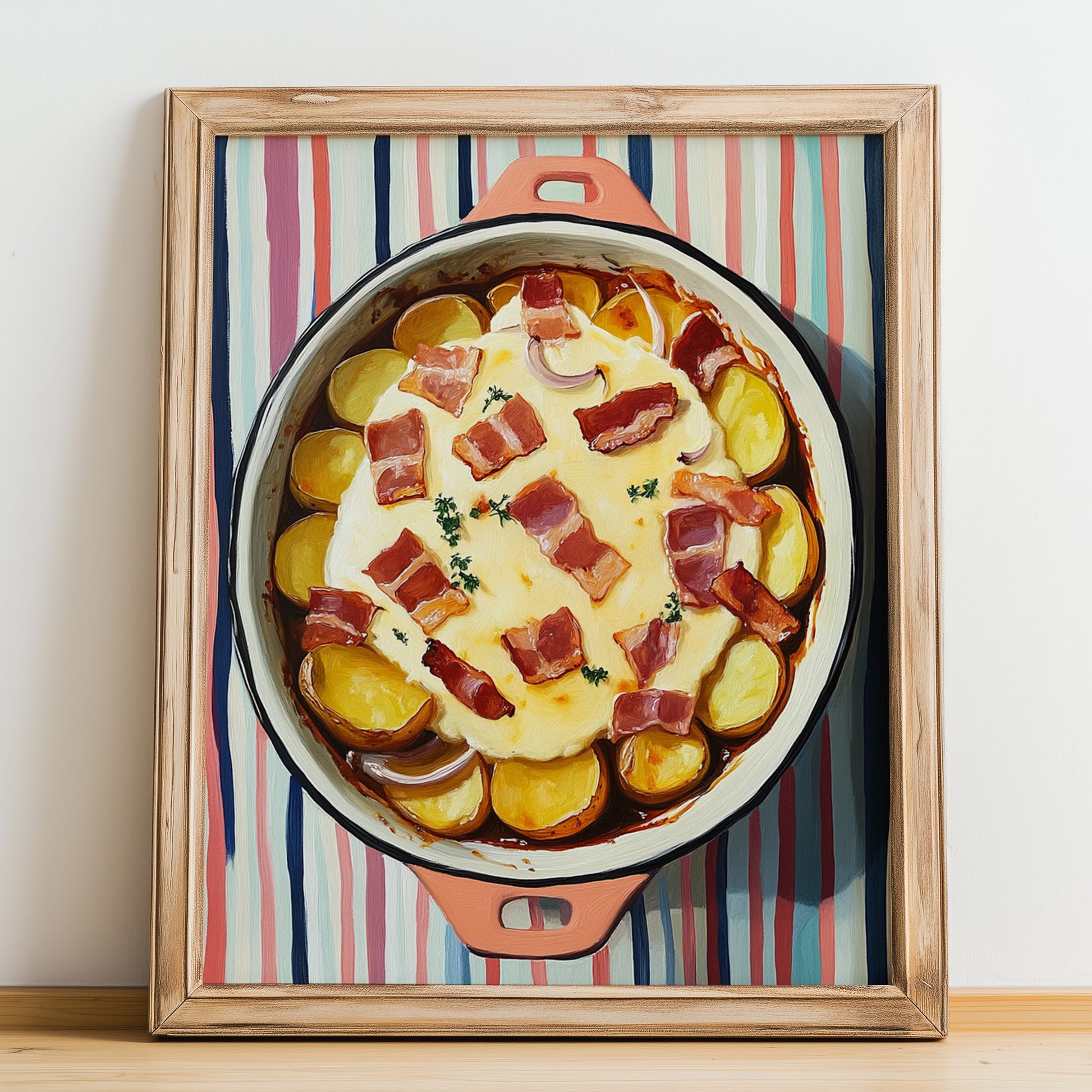 Tartiflette – on Striped Tablecloth, French Food Wall Decor, no-text version framed in wood