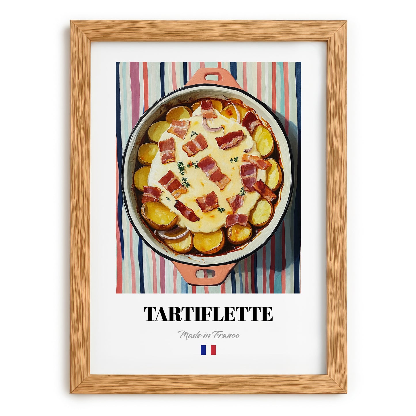 Tartiflette – on Striped Tablecloth, French Food Wall Decor, set in oak frame