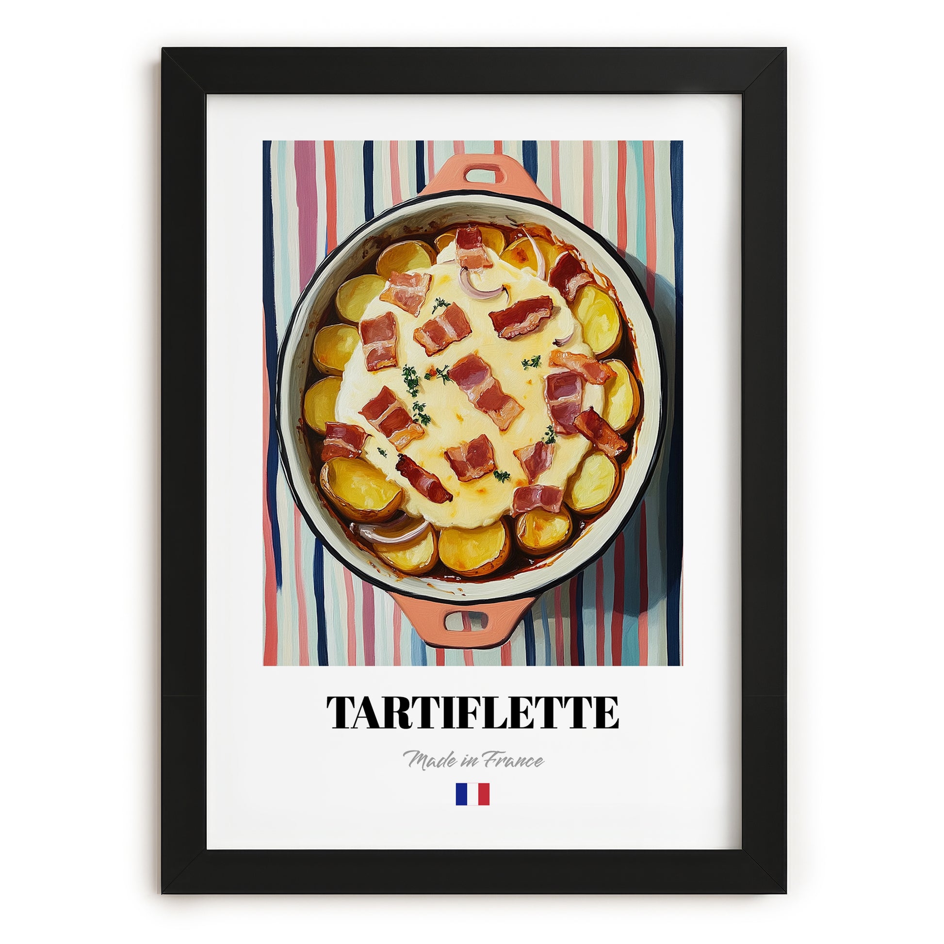 Tartiflette – on Striped Tablecloth, French Food Wall Decor, in sleek black frame