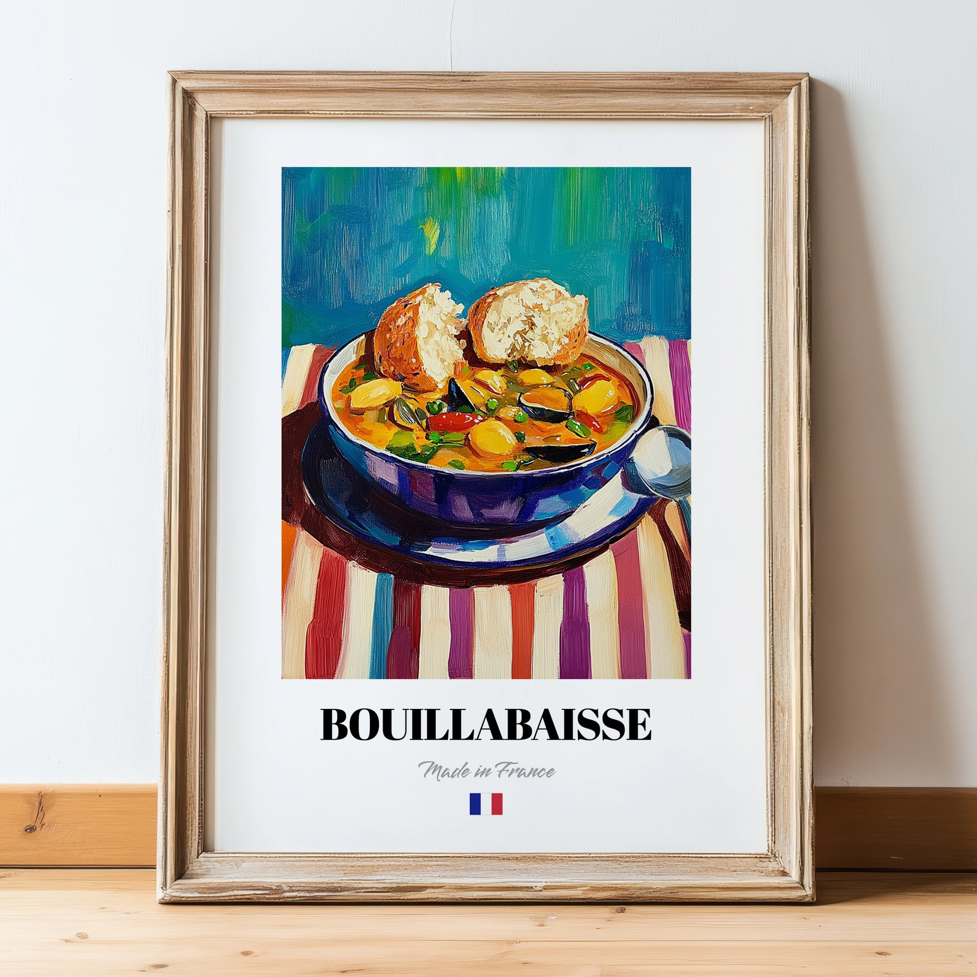 Bouillabaisse – Art, French Food Illustration, in wooden frame leaning on the floor