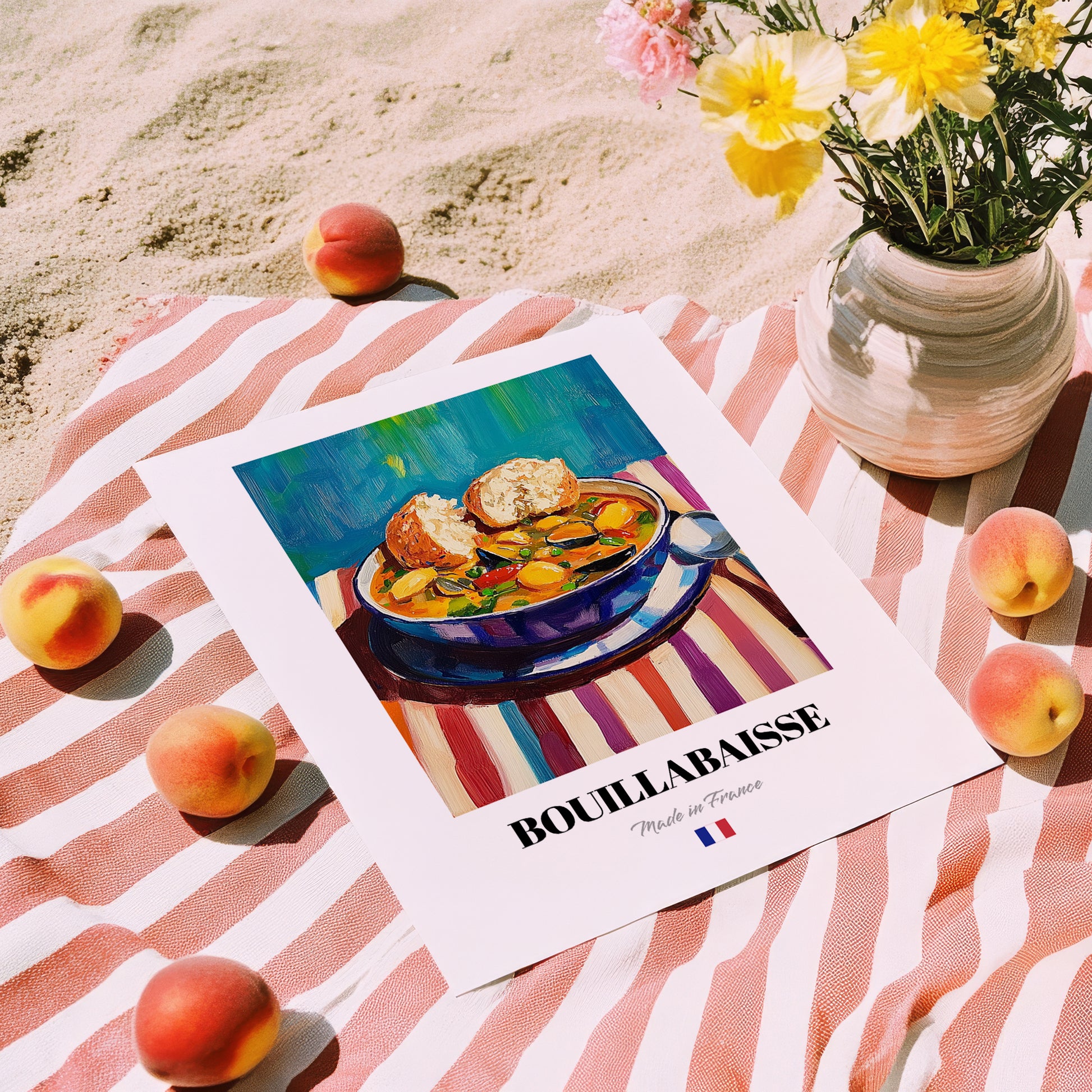 Bouillabaisse – Art, French Food Illustration, unframed on coastal sand