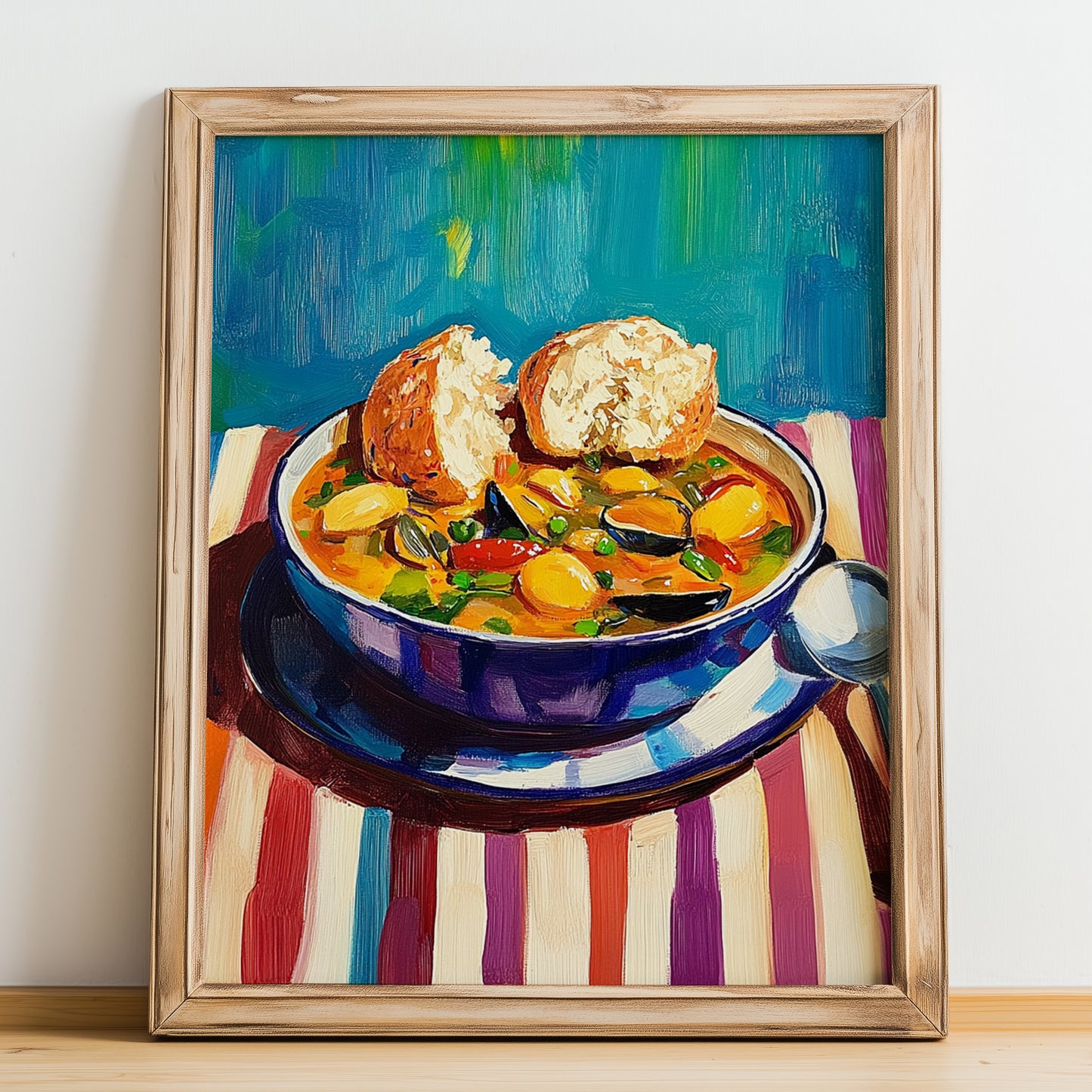 Bouillabaisse – Art, French Food Illustration, no-text version framed in wood