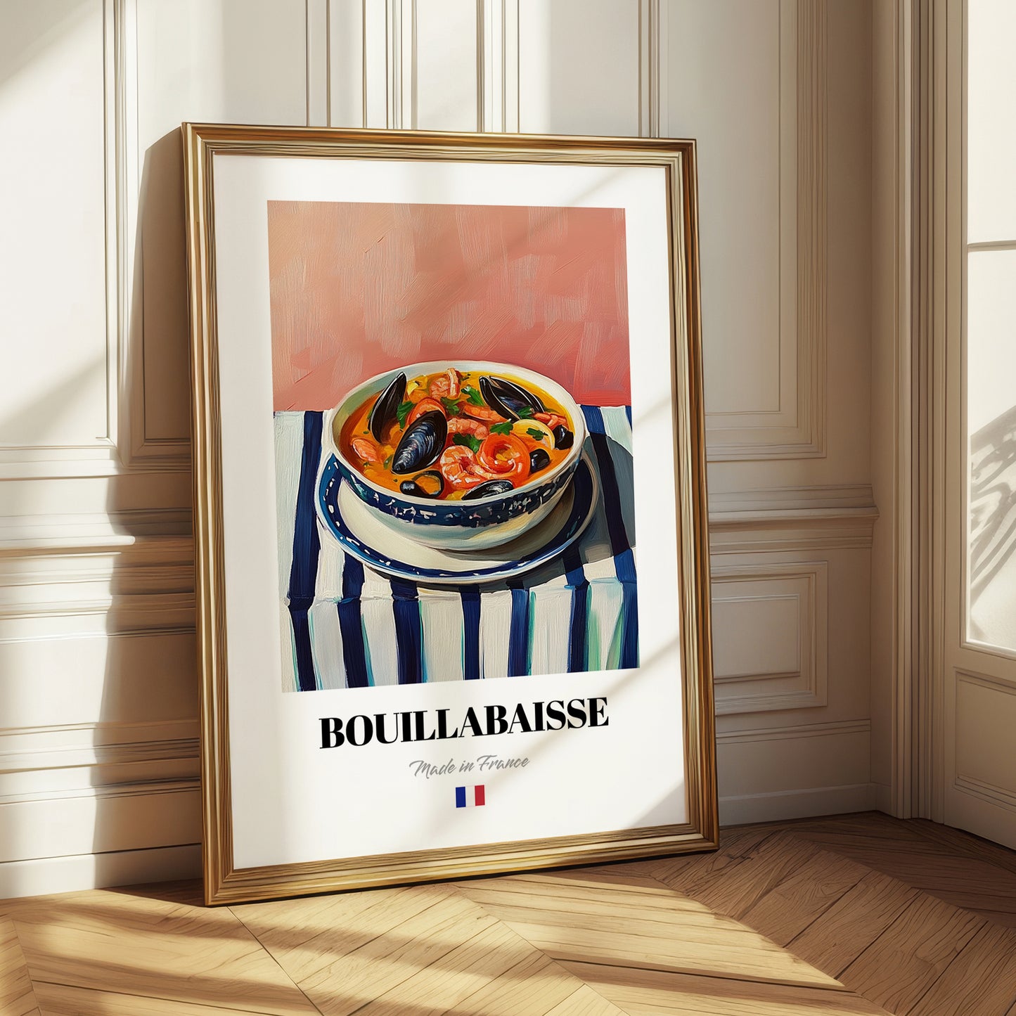 Bouillabaisse – on Striped Tablecloth, French Food Wall Art