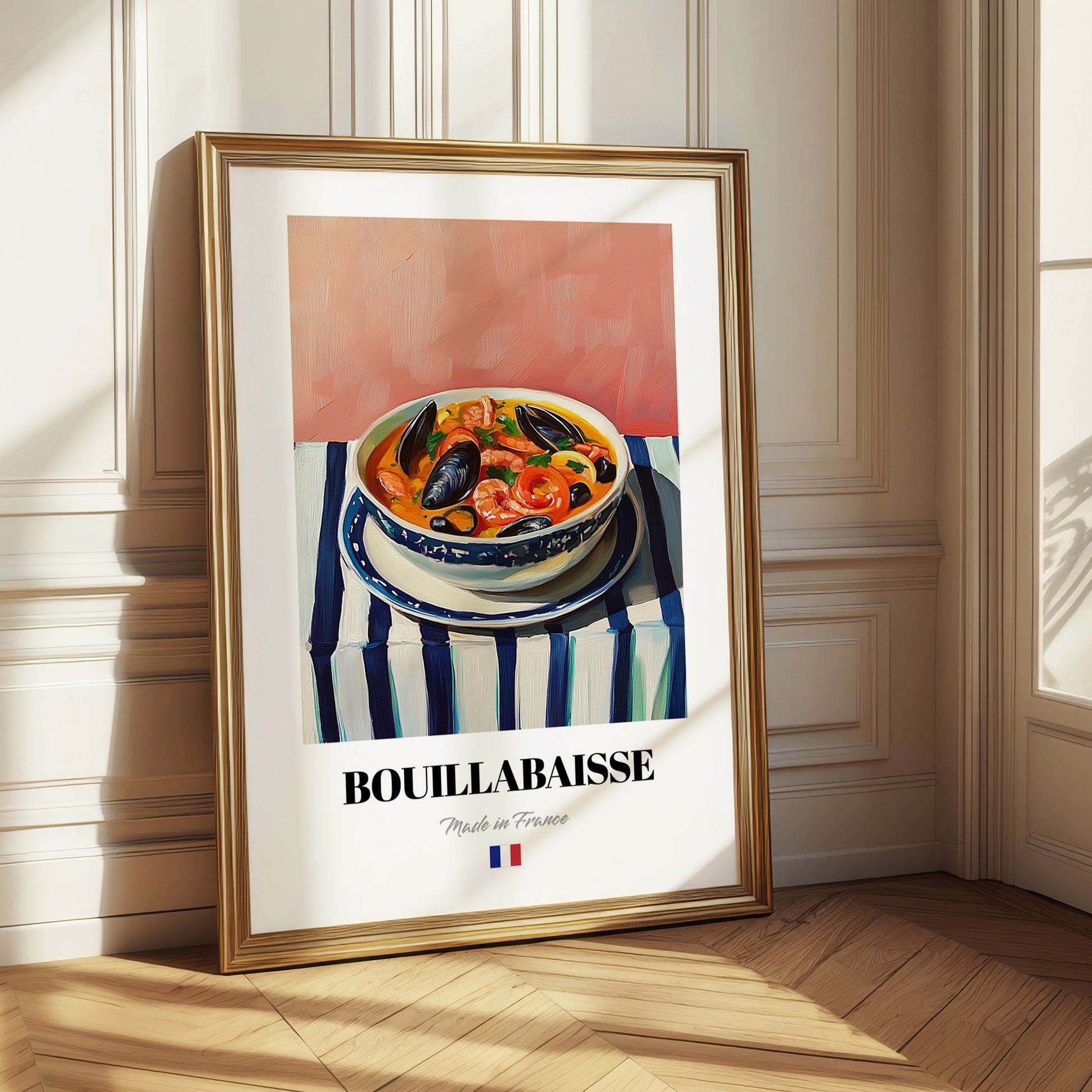 Bouillabaisse – on Striped Tablecloth, French Food Wall Art