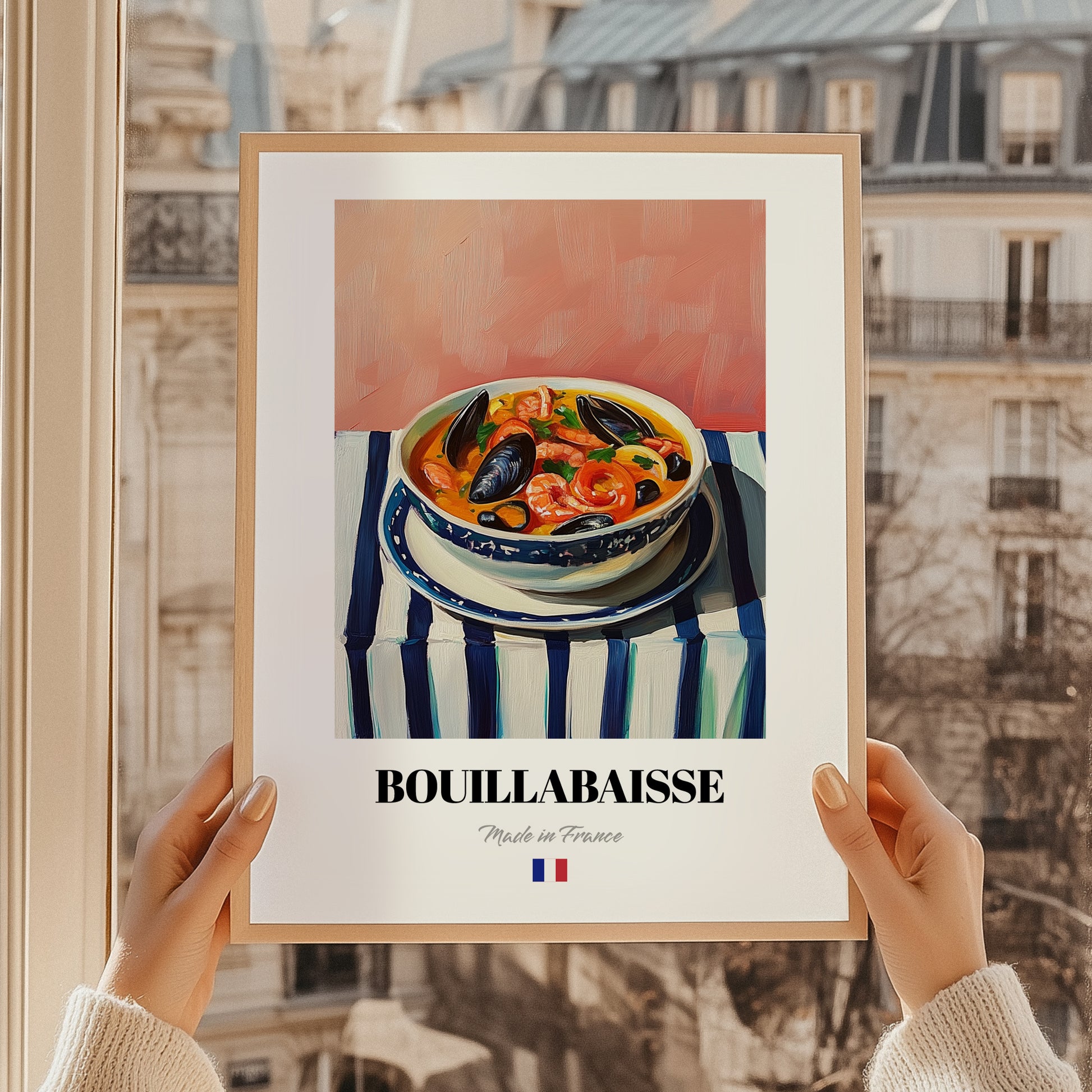 Bouillabaisse – on Striped Tablecloth, French Food Wall Art, styled in a charming Paris street view