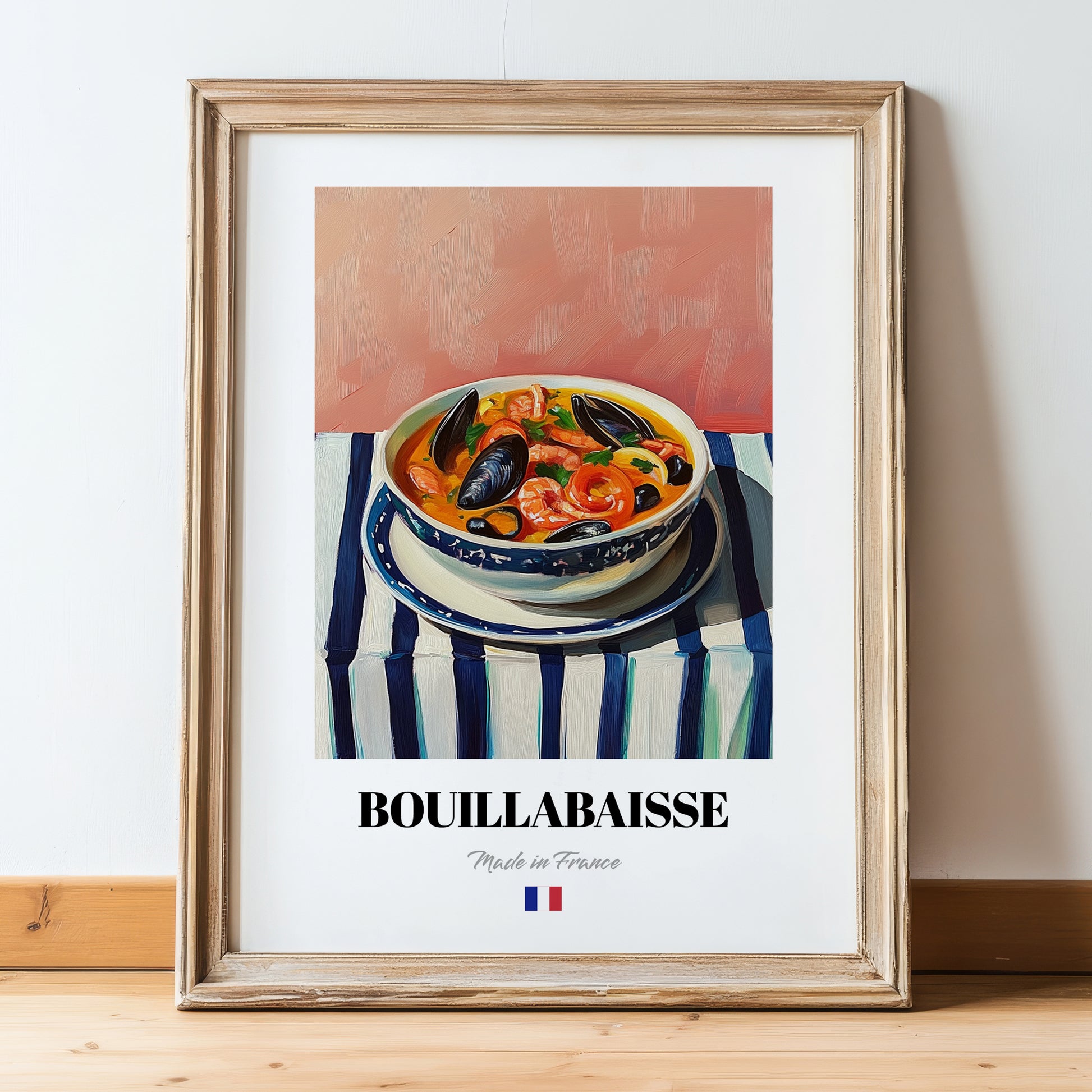 Bouillabaisse – on Striped Tablecloth, French Food Wall Art, in wooden frame leaning on the floor