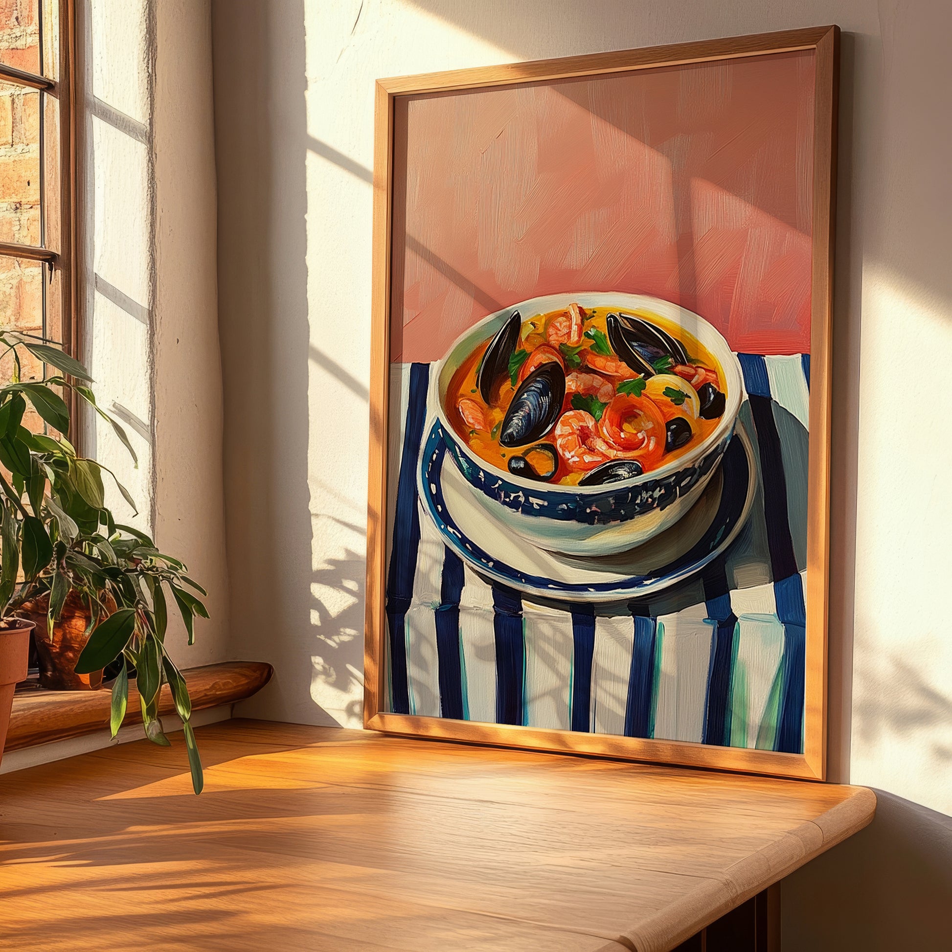 Bouillabaisse – on Striped Tablecloth, French Food Wall Art, clean layout with no caption