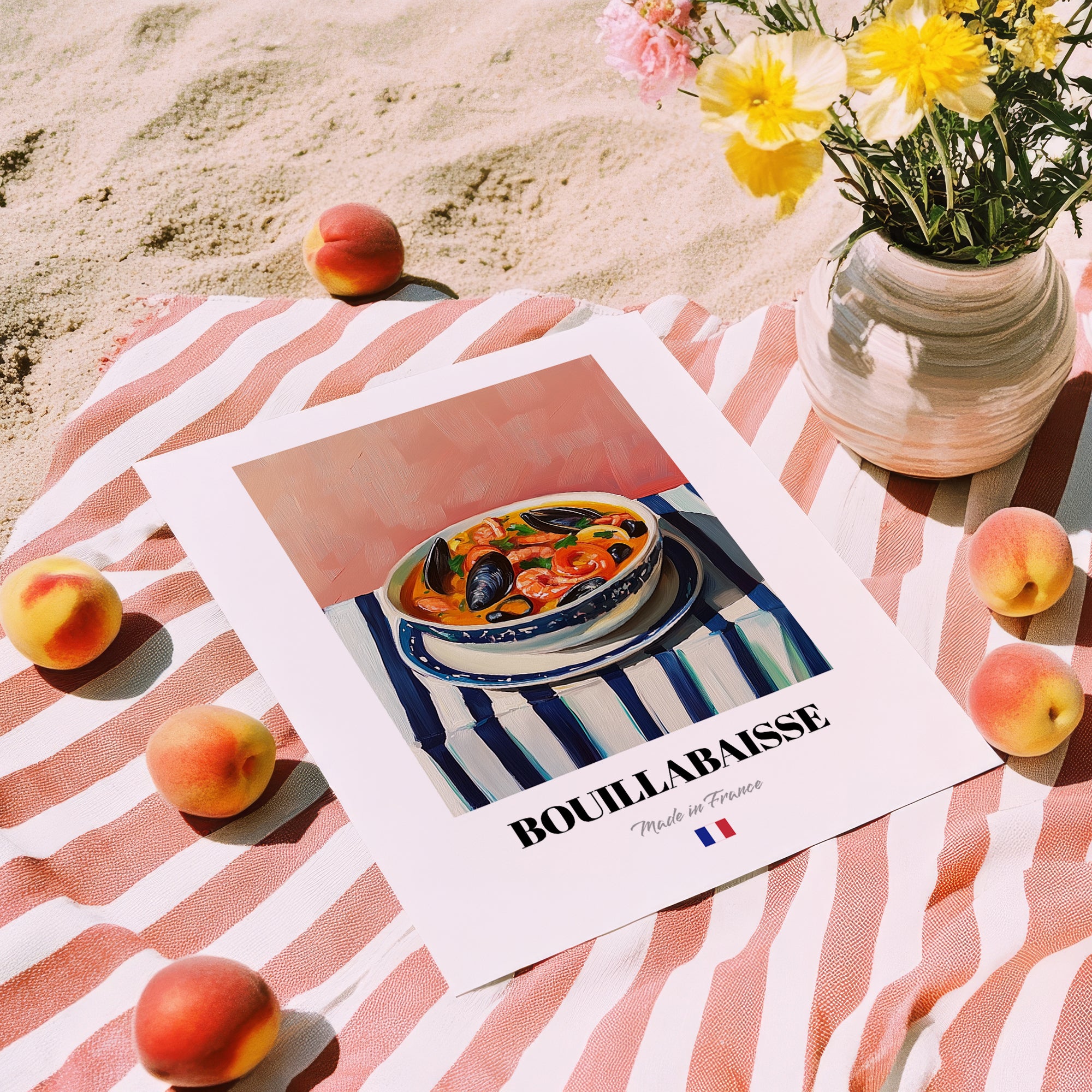 Bouillabaisse – on Striped Tablecloth, French Food Wall Art, unframed on coastal sand