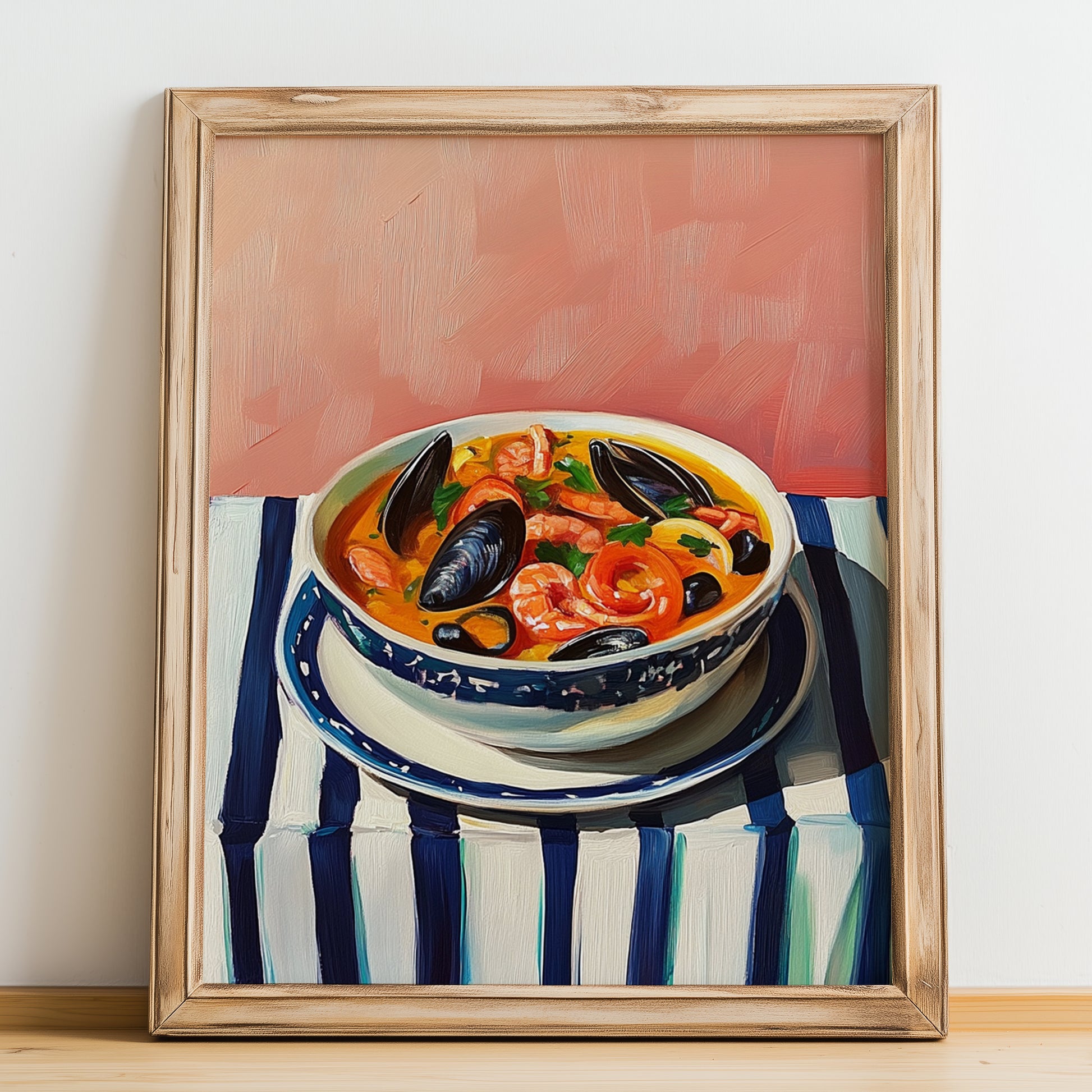 Bouillabaisse – on Striped Tablecloth, French Food Wall Art, no-text version framed in wood