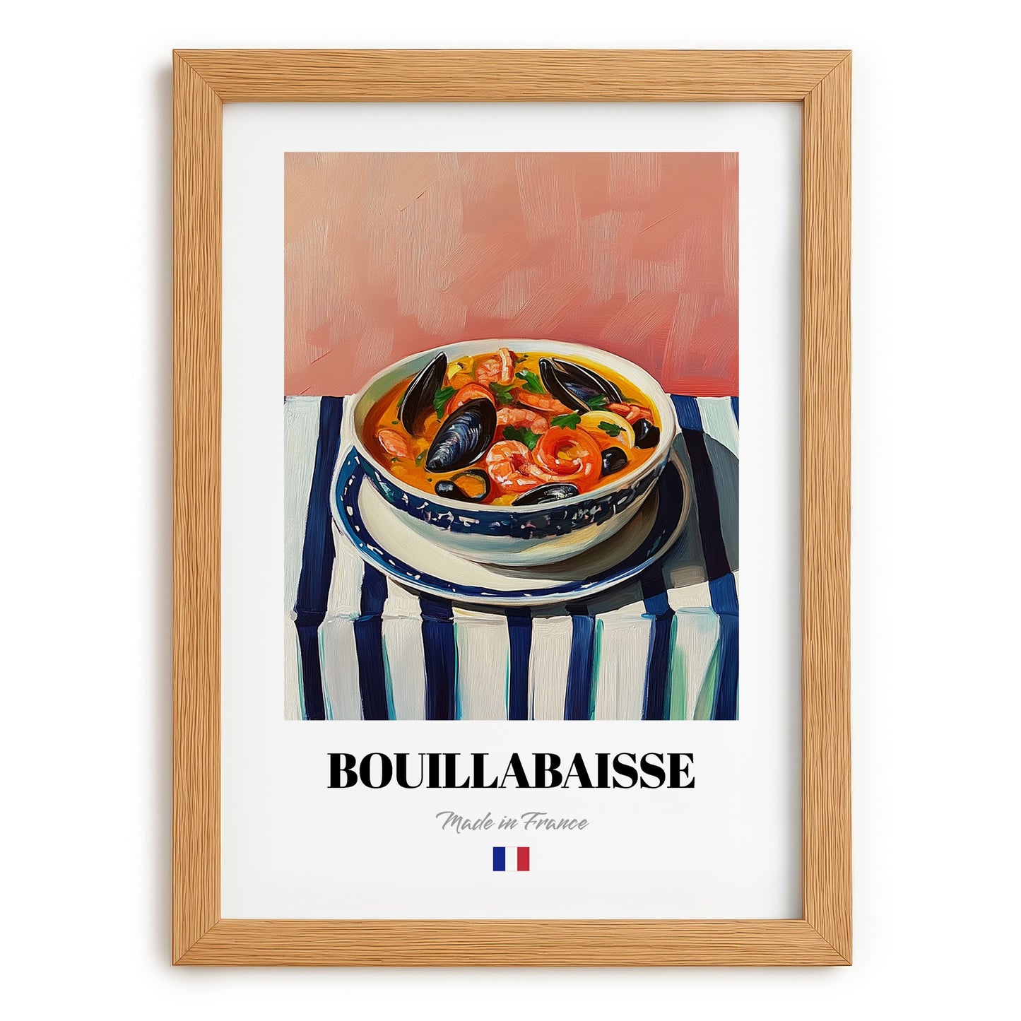 Bouillabaisse – on Striped Tablecloth, French Food Wall Art, set in oak frame