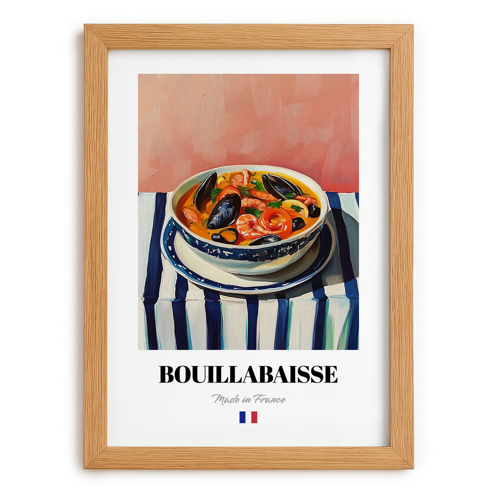 Bouillabaisse – on Striped Tablecloth, French Food Wall Art, set in oak frame