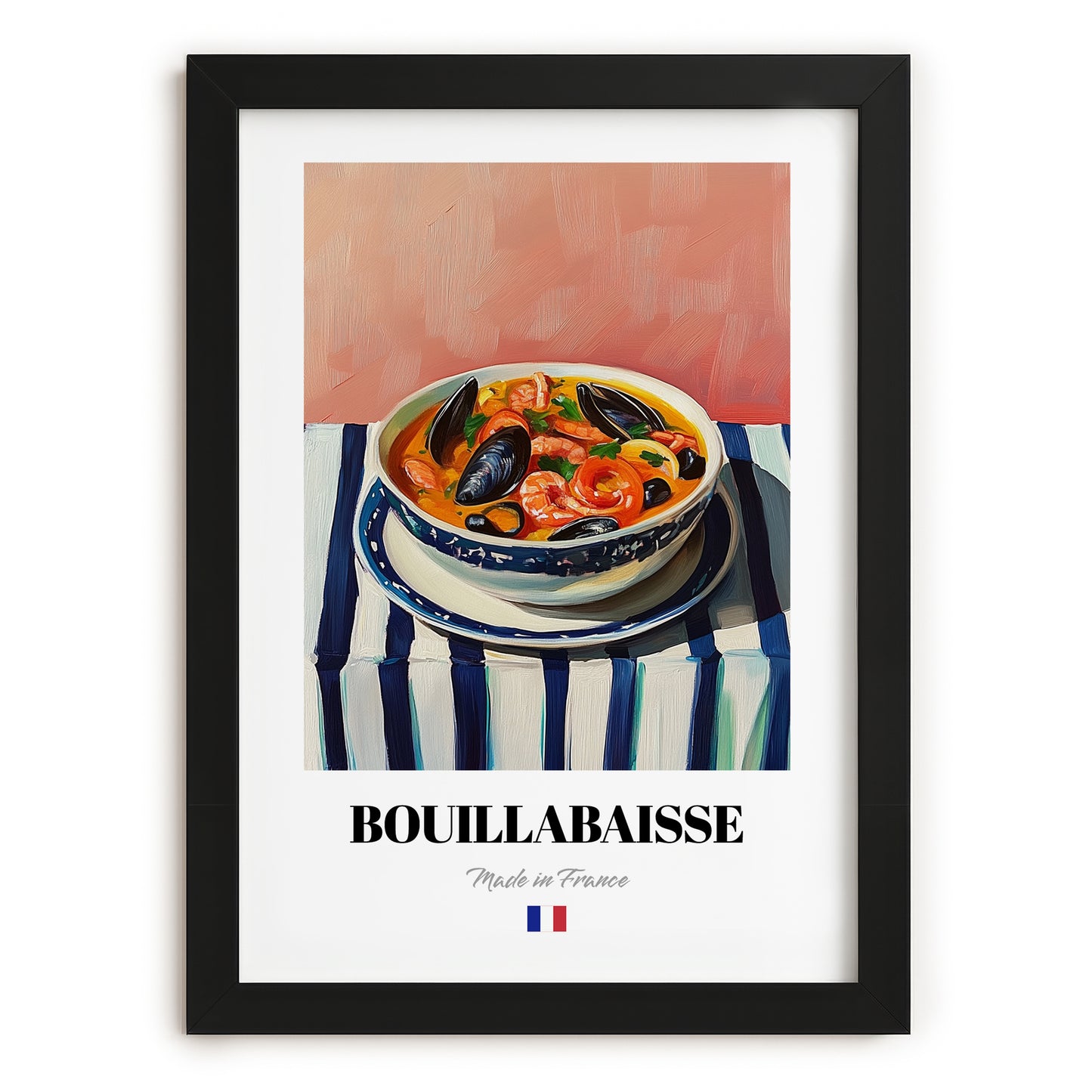 Bouillabaisse – on Striped Tablecloth, French Food Wall Art, in sleek black frame