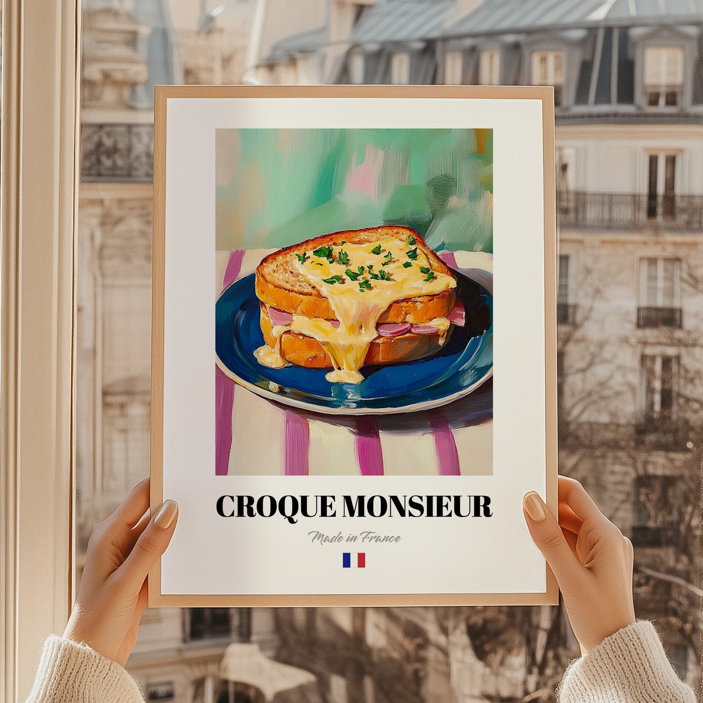 Croque Monsieur – Oil Painting, French Food Wall Illustration, styled in a charming Paris street view