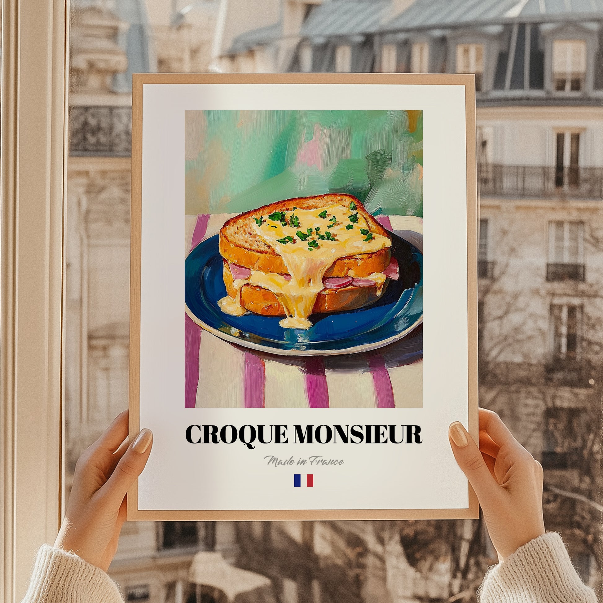 Croque Monsieur – Oil Painting, French Food Wall Illustration, styled in a charming Paris street view