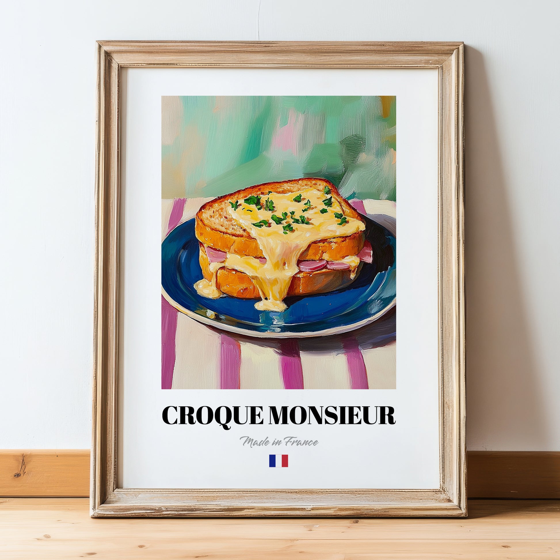 Croque Monsieur – Oil Painting, French Food Wall Illustration, in wooden frame leaning on the floor