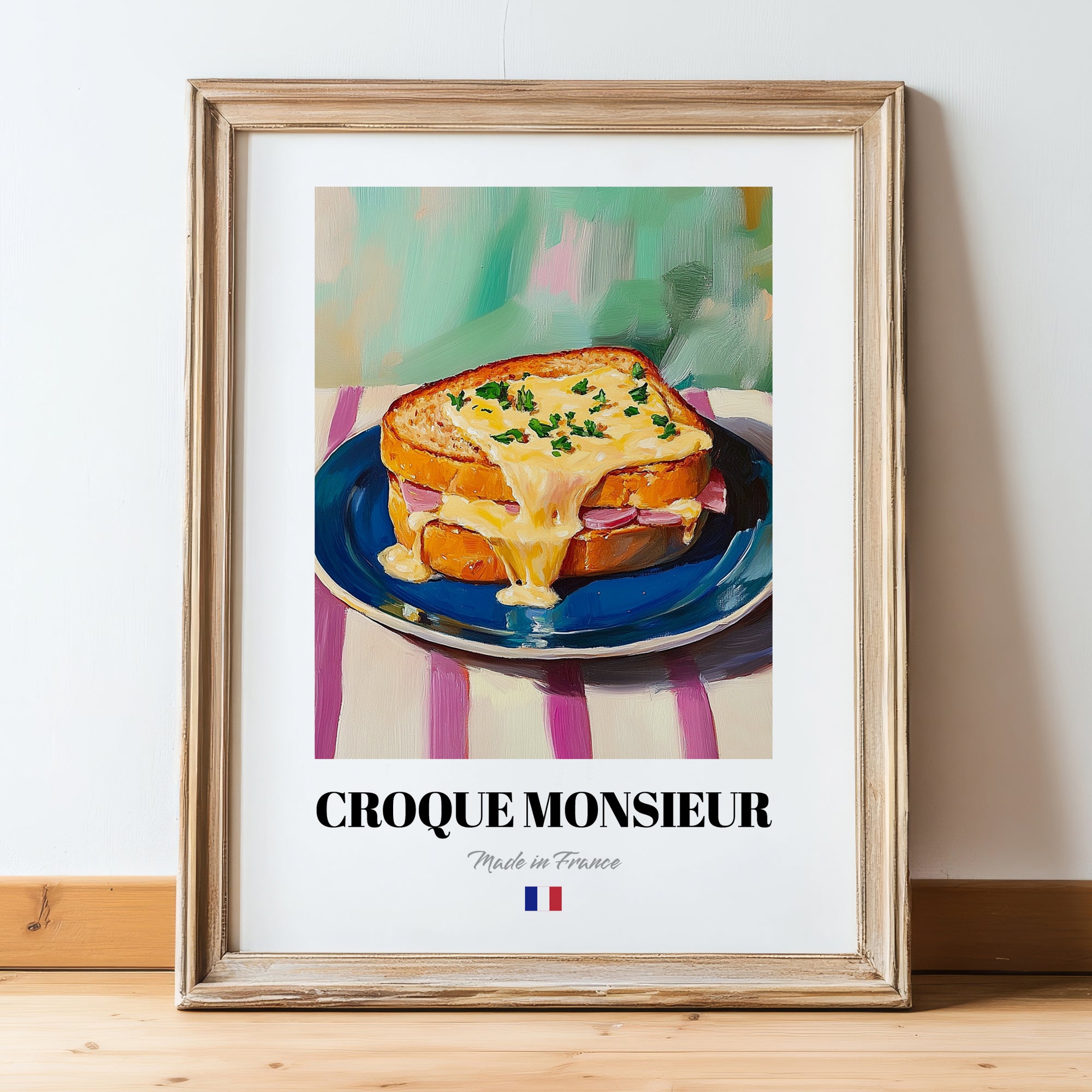 Croque Monsieur – Oil Painting, French Food Wall Illustration, in wooden frame leaning on the floor