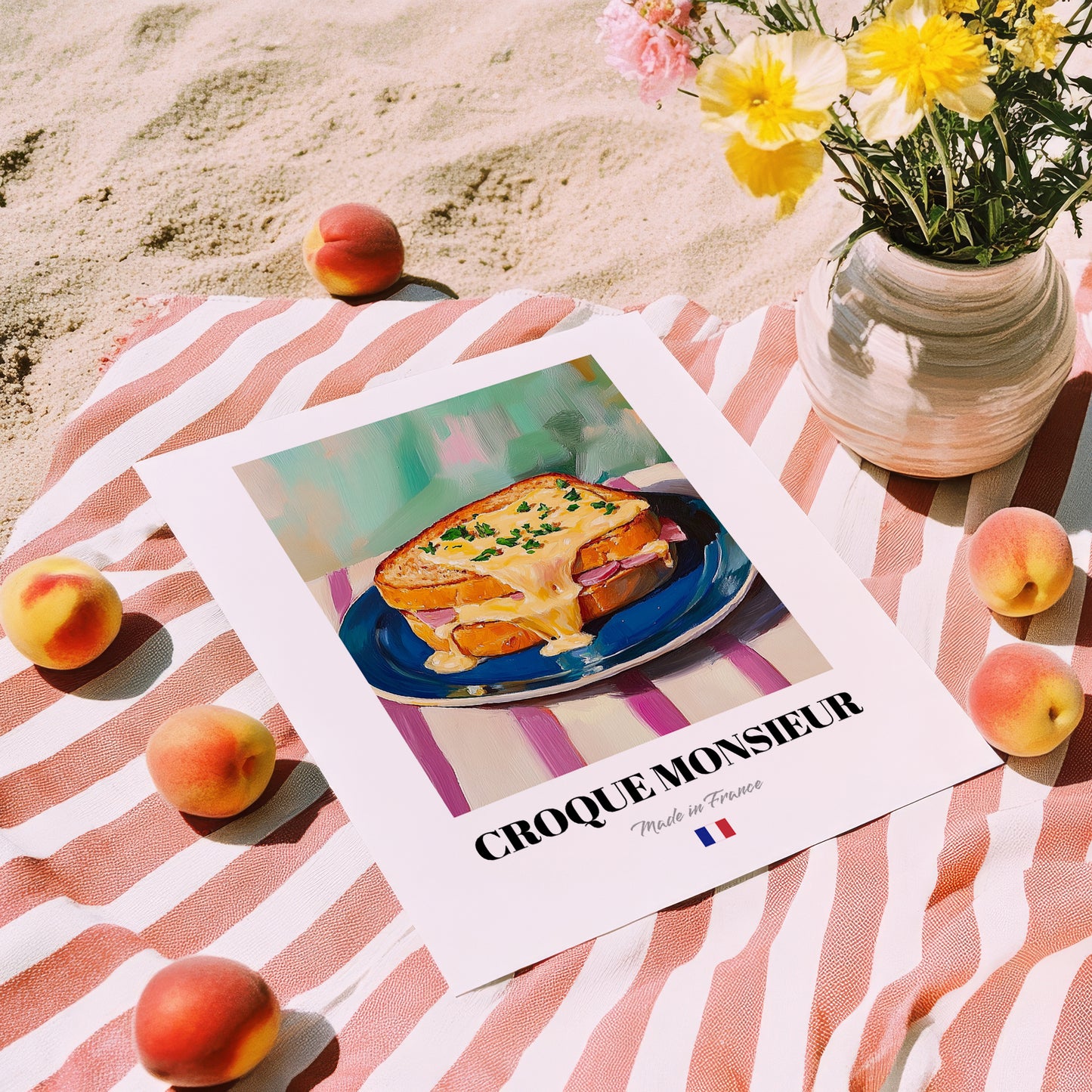 Croque Monsieur – Oil Painting, French Food Wall Illustration, unframed on coastal sand