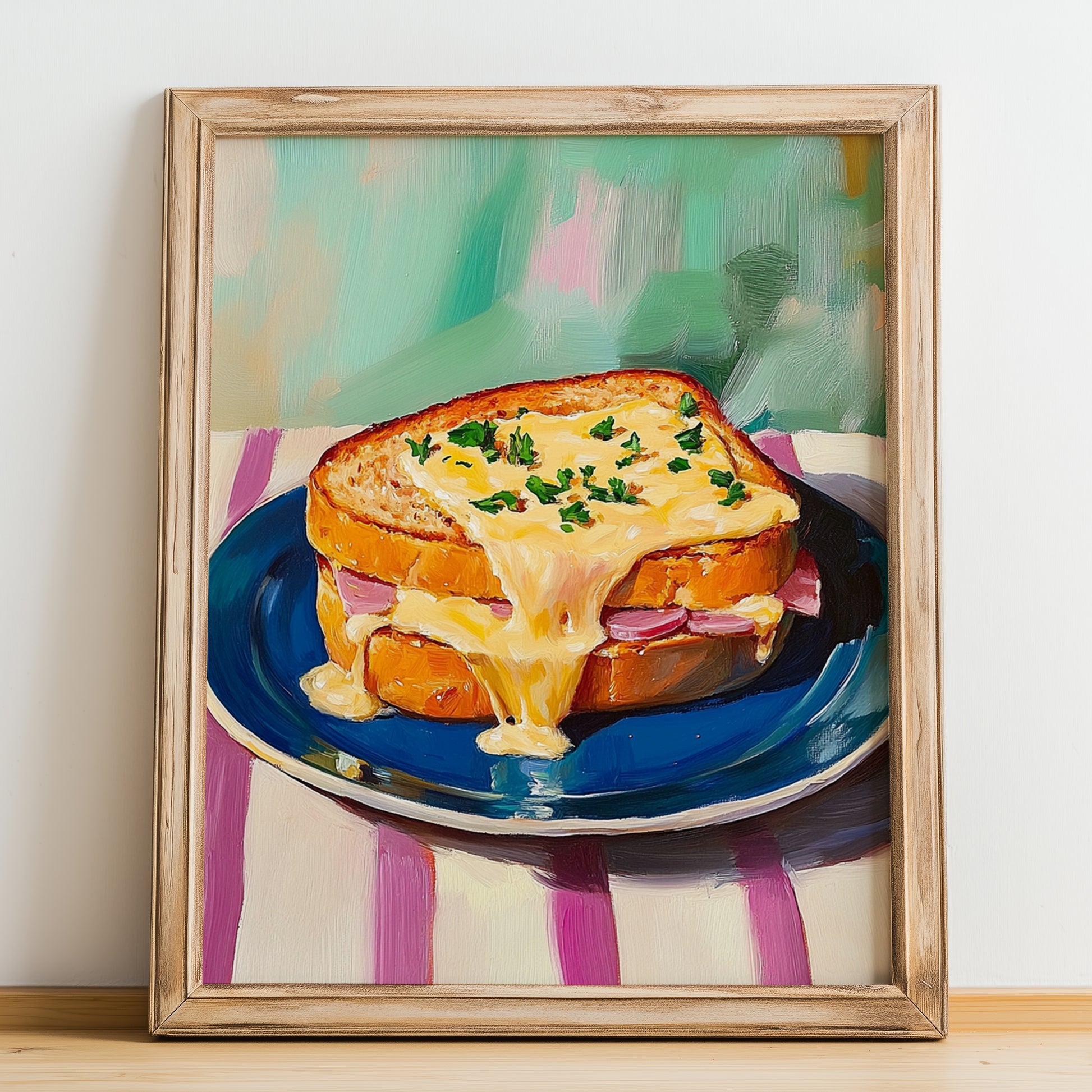 Croque Monsieur – Oil Painting, French Food Wall Illustration, no-text version framed in wood