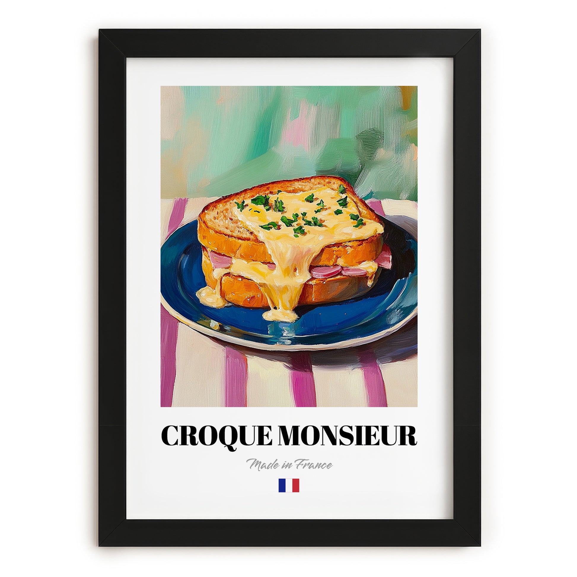 Croque Monsieur – Oil Painting, French Food Wall Illustration, in sleek black frame