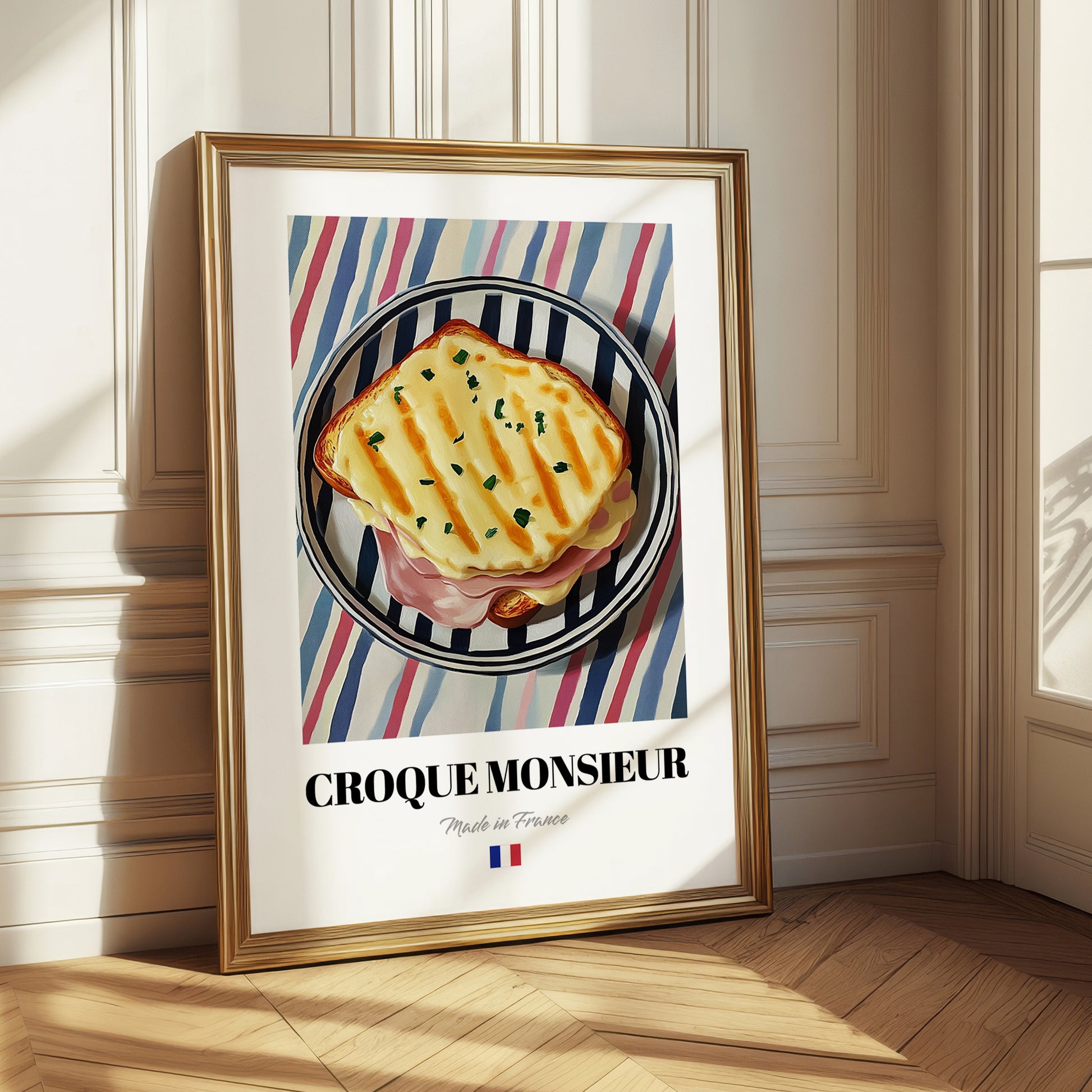 Croque Monsieur – on Striped Tablecloth, French Food Painting