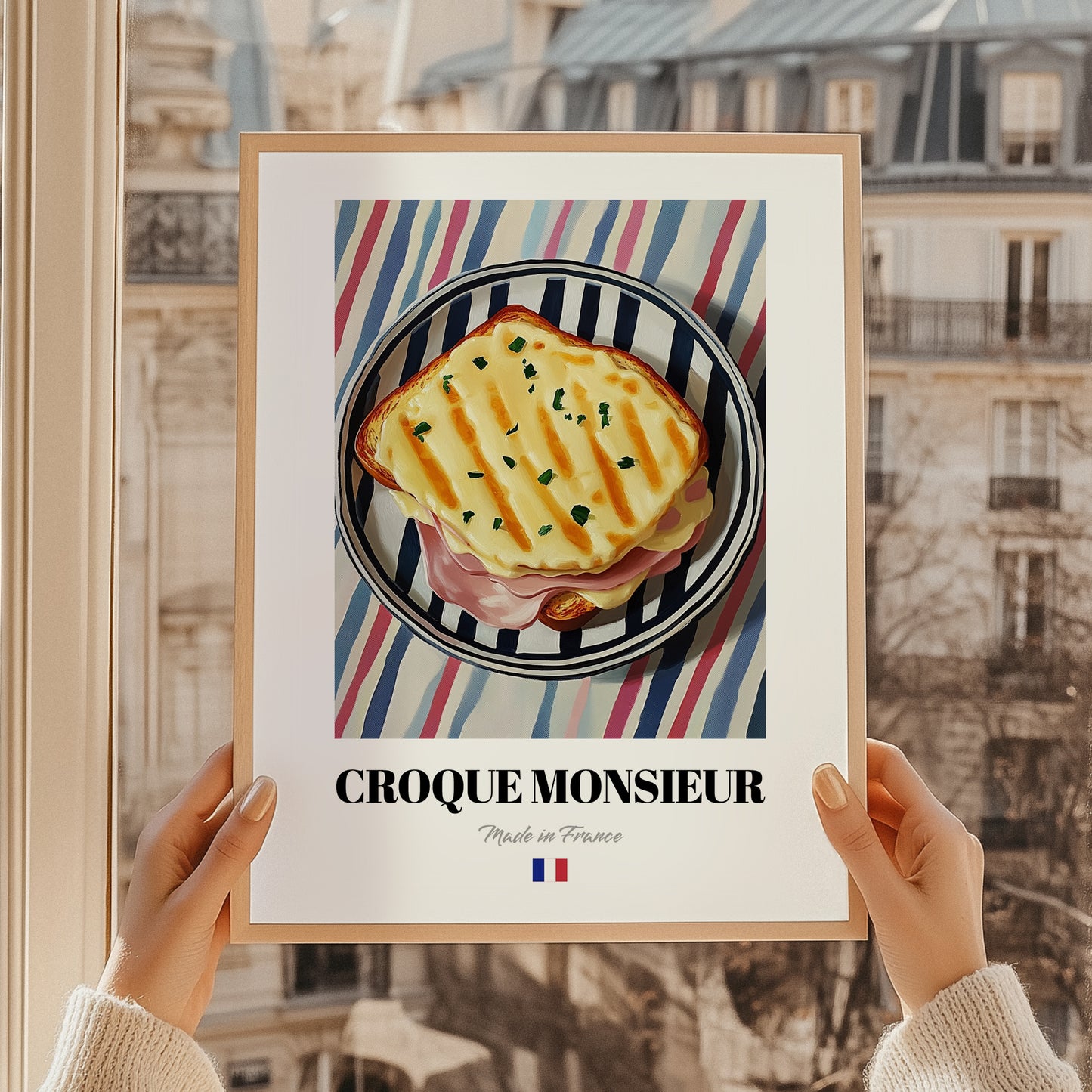 Croque Monsieur – on Striped Tablecloth, French Food Painting, styled in a charming Paris street view